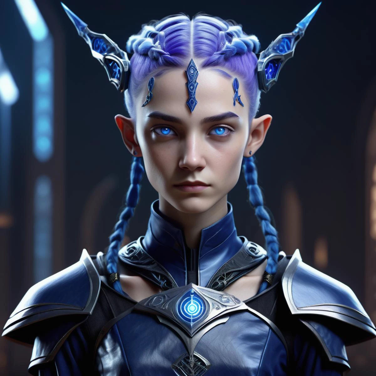 ((realistic,digital art)), (hyper detailed),DonMD4rk3lv3sXL female Neural Interface Developer, Cybernetic Mercenaries, Human mercenaries with cybernetic implants and body augmentations, Twenty-something, Brawny, Berber, Deep blue eyes, Receding Forehead, , Pastel Blue Cornrows hair, Hope, Confident Stance, Character stands tall with arms crossed, exuding confidence., wearing Toile Indigo Tulle Neural Mesh Skirt, Georgette Holo-Foil Cropped Blouse, , , , Elemental Channeling, Fingers pointed to control elemental energies <lora:DonMD4rk3lv3sXL_v1.2-000012:0.8>