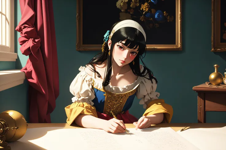 masterpiece,best quality,hires,high resolution,extremely delicate and beautiful,art by Johannes Vermeer,Physically based render,On pale Fuchsia paper,Technical illustration,fairy tale,Greek (yor:1.1),JoJo pose,Very wide view,F/14,two colors,collarbone,blush,long hair,red eyes,<lora:yor-ALK:0.8>,fingernails,