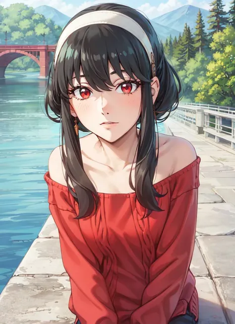 ((best quality)), ((highly detailed)), masterpiece, absurdres, (detailed eyes, deep eyes), <lora:more_details:.3>, (1girl), close-up, full body, ((sleeves)), <lora:yor4:.8>, yor, black hair, short hair, short hair with long locks, bangs, sidelocks, white hairband, red eyes, off-shoulder sweater, red sweater, collarbone, (outdoors, on a bridge, midday), <lora:CarelessBakery_v2:.7>