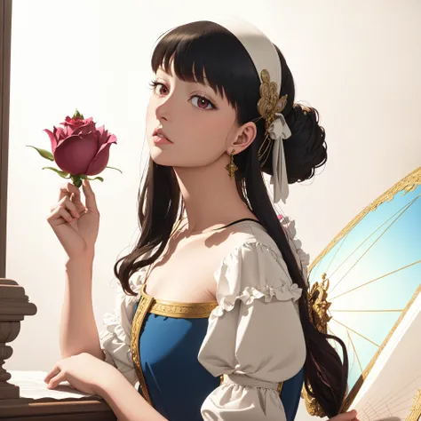 masterpiece,best quality,hires,high resolution,extremely delicate and beautiful,art by Johannes Vermeer,Physically based render,On pale Fuchsia paper,Technical illustration,fairy tale,Greek (yor:1.1),JoJo pose,Very wide view,F/14,two colors,collarbone,blush,long hair,red eyes,<lora:yor-ALK:0.8>,rose,detailed hands,