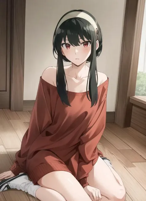 ((best quality)), ((highly detailed)), masterpiece, (detailed eyes, deep eyes), (1girl), full body, <lora:yor4:.8>, yor, black hair, short hair, short hair with long locks, bangs, sidelocks, white hairband, red eyes, off-shoulder sweater, red sweater, collarbone