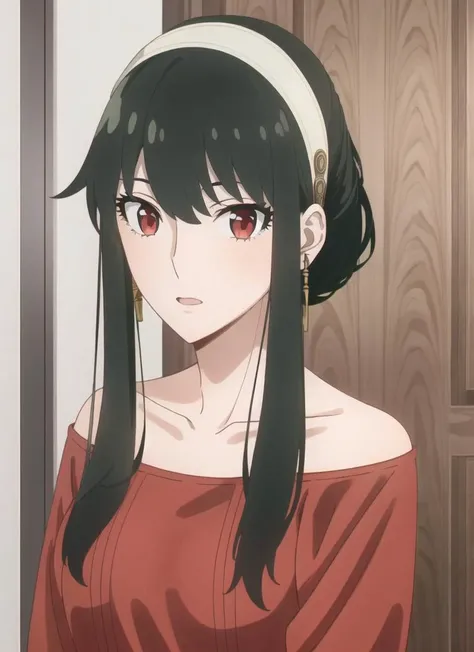 ((best quality)), ((highly detailed)), masterpiece, detailed face, beautiful face, (detailed eyes, deep eyes), (1girl), full body, <lora:yor4:.9>, yor, black hair, short hair, short hair with long locks, bangs, sidelocks, white hairband, red eyes, off-shoulder sweater, red sweater, collarbone