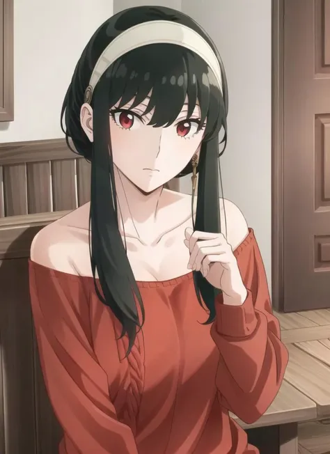 ((best quality)), ((highly detailed)), masterpiece, extremely detailed face, beautiful face, (detailed eyes, deep eyes), (1girl), full body, <lora:yor4:.8>, yor, black hair, short hair, short hair with long locks, bangs, sidelocks, white hairband, red eyes, off-shoulder sweater, red sweater, collarbone