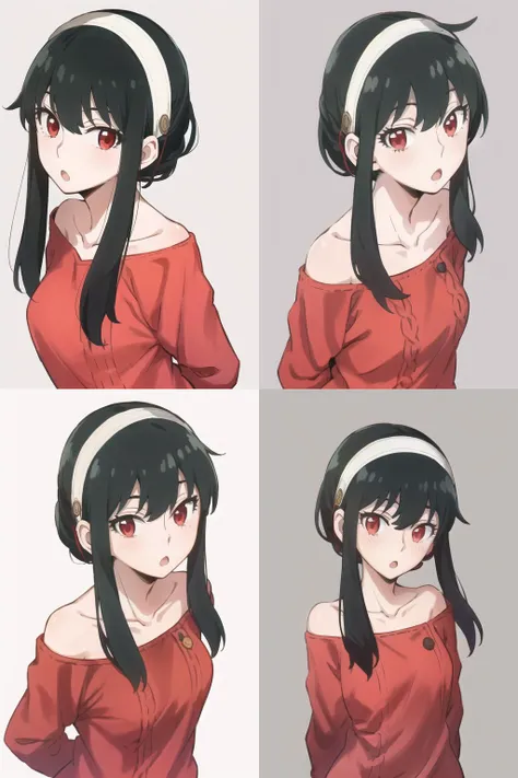 upper body, yor, 1girl, solo, off-shoulder sweater, red sweater, collarbone, black hair, red eyes, black hair, short hair, short hair with long locks, bangs, sidelocks, white hairband, looking at viewer, :o, <lora:yor4-06:0.9>, simple background, arms behind back