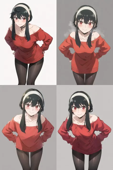 cowboy shot, yor, 1girl, solo, red sweater, off-shoulder sweater, collarbone, black pantyhose, black hair, short hair, short hair with long locks, bangs, sidelocks, white hairband, red eyes, looking at viewer, arms behind back, closed mouth, blush, smile, closed mouth, bent over, hands on hips, <lora:yor4-06:0.9>, simple background