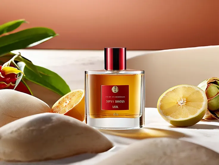 cinematic photo luxury product style productscene of a 100ml bottle of spicy perfume with shinny cap BREAK which is surround by Bergamot, Pepper, Tonka beans, Patchouli and Oakmoss. an oasis in the desert as background. a red and golden label BREAK is printed on the middle of perfume bottle. elegant, sophisticated, high-end, luxurious, professional, closeup shot, highly detailed <lora:productscene:1> . 35mm photograph, film, bokeh, professional, 4k, highly detailed