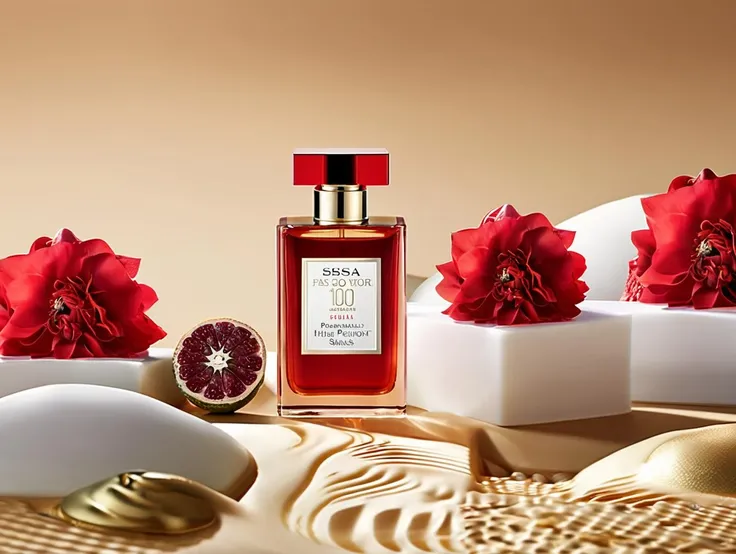 cinematic photo luxury product style productscene of a 100ml bottle of spicy perfume with shinny cap BREAK which is surround by Bergamot, Pepper, Tonka beans, Patchouli and Oakmoss. an oasis in the desert as background. a red and golden label BREAK is printed on the middle of perfume bottle. elegant, sophisticated, high-end, luxurious, professional, closeup shot, highly detailed <lora:productscene:1> . 35mm photograph, film, bokeh, professional, 4k, highly detailed