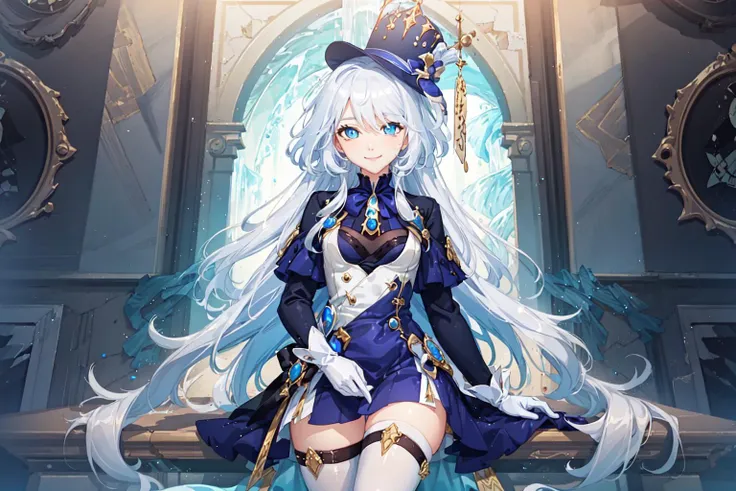 (extremely detailed CG:1.4), (best quality:1.3), cowboy shot, 1girl, focalors, smile, long hair,  perfect face, bright pupils, lustrous skin, (finely detailed beautiful eyes), small breasts, sitting, crossed legs, White thighhighs, white gloves, white shorts, thigh strap, hat, (Palace:1.5), (waterfall:1.3), sunlight,  <lora:focalorsGenshin_focalorsVersion10:0.55>