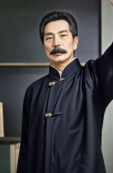 luxun,1man,mustache,old man,black hair,realstic,photo,realstic eyes,8k,masterpiece,standing,chinese,small eyes,glass,shouting,arm up,