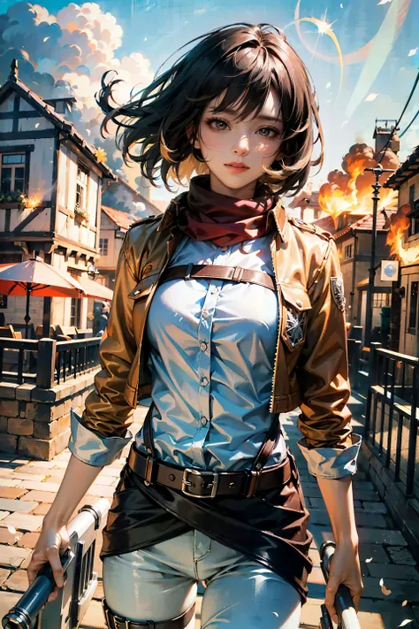 <(best quality, extremery best quality, masterpiece:1.4), (realistic, intricate details:1.4), (photorealistic:1.4), (extremely intricate:1.4), highres, ultra highres, ultra-detailed, absurdres, incredibly absurdres, extremely detailed, high quality, high resolution, hyperrealistic, ultra-realistic, hyper-detailed, top quality, best, fine detail, massive detail, Highly detailed, extreme detailed, highest detailed, high-res, absolutely resolution, reflection, (refraction:1.4), (hyperrealism:1.4)>, BREAK, 1girl, solo, looking at viewer, (young cute beautiful 18-year-old girl:1.4), 3d face, beautiful girl, Beautiful face, pretty, girlface, kpop idol, supermodel, stunning innocent symmetry face, perfect body, medium breast, slim waist, slim legs, (high detailed skin:1.4), glowing eyes, goddess, natural skin texture, shiny skin, White skin, Beautiful detailed face, detailed face, real skin texture, cute delicate face, finely detailed face, golden ratio, golden ratio face, expressive eyes, perfect face, perfect skin, flawless face, clear face, shiny hair, pale skin, Proper body proportion, perfect anatomy, realistic skin texture, luscious lips, glossy lips, natural makeup, beautiful bright pupils, slender figure, intricate eyes, detailed pupils, detailed face and eyes, longeyelashes, blush, good hand, perfect hands, pretty face, beautiful female bodies, finely detailed skin, oily shiny skin, BREAK, (((((Attack on Titan, (brown jacket, emblem, white shirt, white pants:1.5), (hmmikasa, short hair, black eyes, scarf, belt, thigh strap, red scarf, long sleeves:1.4), (holding weapon, sword, dual wielding, three-dimensional maneuver gear, fighting stance, sky:1.4), (battle, adventurous look:1.3), (blush, fantasy, scenery, plants, open mouth:1.2), (highly detailed worn metal texture:1.2), (floating colorful sparkles, light is shining, dust is drifting, floating catkins, fog, wind:1.2), (rust, dirt, dust, scratches, abrasions on the metal texture:1.2), (fly:1.4), (Luminescent Particles:1.3), (Old City of Dubrovnik, Avila, Historic Fortified City of Carcassonne, Noerdlingen,Ancient castle, Romanesque architectural style, Gothic architectural style, Renaissance architectural style, Baroque architectural style, Half-timbered house, Medieval castles, Romanesque forts, Gothic walls, Tudor style architecture, British style architecture, medieval village setting:1.3), (50m high city wall:1.5), (city surrounded by walls, ember, battlefield, grey mist, smoke, explosion, apocalyptic, destroyed city background, buildings on fire:1.4), (fullbody:1.2), (eye focus, face focus, character focus, close-up face:1.2), (dutch angle, cowboy shot:1.3), (hand of Guido Daniele:1.4), flat bangs, colorful refraction)))), BREAK, <watercolor, available light, detailed light, volumetric fog, beautiful lighting, Rembrandt lighting, Cinematic, pixel art, game art, key visual, surreal, PBR Texturing, Anisotropic Filtering, Maximum Clarity And Sharpness, Albedo And Specular Maps, Multi-Layered Textures, Surface Shading, Sub-Pixel Convolution, Sub-Pixel Convolution, Accurate Simulation Of Light-Material Interaction, blurry foreground, broad light, volumetric light effect, matte painting, perfectly defined features, volumetric lighting, Tone Mapping, Lumen Reflections, Global illumination, Ray Tracing, Screen Space Global Illumination, Accent Lighting, 32k, Natural Lighting, volumetric, cinematic masterpiece, Rule of thirds, high dynamic range, Multi-exposure HDR capture, cinematic render, game cg cinematic, atmospheric perspective, movie scene, epic dynamic frame, motion blur, ((cinematic look, Film look)), rim light, 4k textures, adobe lightroom, photolab, insane details, hyperdetailed, exposure blend, professional color grading, professional color correction, aerial perspective, particles and dust in beams of light, cinematic scene, dynamic lighting, sharp details, lomography, soft focus, light leaks, bold hues, atmospheric depth, (explosive light and shadow:1.2), aesthetics, intricate designs, ultra realistic digital art, (zentangle, mandala, tangle, entangle), (fractal art), elegant, vivid colours, floating particles, particles, dramatic, epic, (ink drawing, oil painting detailed), (dramatic lighting:1.2), RAW, huge filesize, extremery detailed CG, Photo, 8k uhd, cinematic atmosphere, trending on artstation, award-winning glamour photograph, highly detailed photo, official art, beautiful and aesthetic, unity 8k wallpaper, beautiful, highly detailed CG illustration, best illustration, intricate, Amazing, emotional, analog, painting, digital painting, concept art, Oil Painting, illustration, Classical art, Renaissance, Romanticism, Neoclassicism, Color Palette, depth and contrast, Vibrant colors, saturated, rich saturation, color harmony, vivid palette, concept-art, design style, detail character, concept render, colorful, analog photography, dreamy atmosphere, specular highlights, atmospheric lighting, (dynamic angle, dynamic pose :1.3), (shiny, clothes reflecting light, lens flare, bloom effect, light particle, lens glare:1.3), realistic lighting, cinematic light, (cinematic lighting), light in the face, soft lighting, saturated colors, detailed background, sharp focus, 8k high definition, perspective, Master Composition, roughness, post-processing, soft shadows, realistic shadows, ambient occlusion, ray-tracing, subsurface scattering, photon mapping, physically-based rendering, octane rendering, unreal engine 5, ue5 rendering, Adobe After FX, dslr, RTX, Best character details, radiosity, sharp, antialiased, RAW photo, HDR, 8k, 4k, (((Photographed by Roger Deakins, using a RED Monstro 8K VV camera and a series of high-end lenses))), ((Hasselblad photography)), (film grain:1.4), Kodak portra 400, ((Fujifilm X-T5)), professional photograph, depth of field, caustics, Broad lighting, diffuse lighting, rim lighting, two tone lighting, textile details, visible pores, high resolution scan, professionally color graded, photographic reality, automatic white balance, best lighting, detailed shadow, high contrast, strong light and shadow>, (PureErosFace_V1:0.4), (ulzzang-6500:0.6), <lora:epiNoiseoffset_v3:0.05>, <lora:FilmVelvia2:0.05>, <lora:add_detail:0.2>, <lora:mikasa_ackerman_v1:0.7>