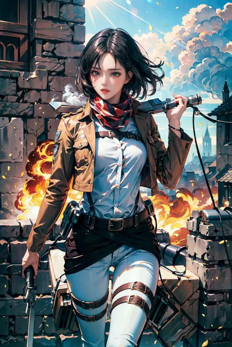 <(best quality, extremery best quality, masterpiece:1.4), (realistic, intricate details:1.4), (photorealistic:1.4), (extremely intricate:1.4), highres, ultra highres, ultra-detailed, absurdres, incredibly absurdres, extremely detailed, high quality, high resolution, hyperrealistic, ultra-realistic, hyper-detailed, top quality, best, fine detail, massive detail, Highly detailed, extreme detailed, highest detailed, high-res, absolutely resolution, reflection, (refraction:1.4), (hyperrealism:1.4)>, BREAK, 1girl, solo, looking at viewer, (young cute beautiful 18-year-old girl:1.4), 3d face, beautiful girl, Beautiful face, pretty, girlface, kpop idol, supermodel, stunning innocent symmetry face, perfect body, medium breast, slim waist, slim legs, (high detailed skin:1.4), glowing eyes, goddess, natural skin texture, shiny skin, White skin, Beautiful detailed face, detailed face, real skin texture, cute delicate face, finely detailed face, golden ratio, golden ratio face, expressive eyes, perfect face, perfect skin, flawless face, clear face, shiny hair, pale skin, Proper body proportion, perfect anatomy, realistic skin texture, luscious lips, glossy lips, natural makeup, beautiful bright pupils, slender figure, intricate eyes, detailed pupils, detailed face and eyes, longeyelashes, blush, good hand, perfect hands, pretty face, beautiful female bodies, finely detailed skin, oily shiny skin, BREAK, (((((Attack on Titan, (brown jacket, emblem, white shirt, white pants:1.5), (hmmikasa, short hair, black eyes, scarf, belt, thigh strap, red scarf, long sleeves:1.4), (holding weapon, sword, dual wielding, three-dimensional maneuver gear, fighting stance, sky:1.4), (battle, adventurous look:1.3), (blush, fantasy, scenery, plants, open mouth:1.2), (highly detailed worn metal texture:1.2), (floating colorful sparkles, light is shining, dust is drifting, floating catkins, fog, wind:1.2), (rust, dirt, dust, scratches, abrasions on the metal texture:1.2), (fly:1.4), (Luminescent Particles:1.3), (Old City of Dubrovnik, Avila, Historic Fortified City of Carcassonne, Noerdlingen,Ancient castle, Romanesque architectural style, Gothic architectural style, Renaissance architectural style, Baroque architectural style, Half-timbered house, Medieval castles, Romanesque forts, Gothic walls, Tudor style architecture, British style architecture:1.3), (50m high city wall:1.5), (city surrounded by walls, ember, battlefield, grey mist, smoke, explosion, apocalyptic, destroyed city background, buildings on fire:1.4), (fullbody:1.2), (eye focus, face focus, character focus, close-up face:1.2), (dutch angle, cowboy shot:1.3), (hand of Guido Daniele:1.4), flat bangs, colorful refraction)))), BREAK, <watercolor, available light, detailed light, volumetric fog, beautiful lighting, Rembrandt lighting, Cinematic, pixel art, game art, key visual, surreal, PBR Texturing, Anisotropic Filtering, Maximum Clarity And Sharpness, Albedo And Specular Maps, Multi-Layered Textures, Surface Shading, Sub-Pixel Convolution, Sub-Pixel Convolution, Accurate Simulation Of Light-Material Interaction, blurry foreground, broad light, volumetric light effect, matte painting, perfectly defined features, volumetric lighting, Tone Mapping, Lumen Reflections, Global illumination, Ray Tracing, Screen Space Global Illumination, Accent Lighting, 32k, Natural Lighting, volumetric, cinematic masterpiece, Rule of thirds, high dynamic range, Multi-exposure HDR capture, cinematic render, game cg cinematic, atmospheric perspective, movie scene, epic dynamic frame, motion blur, ((cinematic look, Film look)), rim light, 4k textures, adobe lightroom, photolab, insane details, hyperdetailed, exposure blend, professional color grading, professional color correction, aerial perspective, particles and dust in beams of light, cinematic scene, dynamic lighting, sharp details, lomography, soft focus, light leaks, bold hues, atmospheric depth, (explosive light and shadow:1.2), aesthetics, intricate designs, ultra realistic digital art, (zentangle, mandala, tangle, entangle), (fractal art), elegant, vivid colours, floating particles, particles, dramatic, epic, (ink drawing, oil painting detailed), (dramatic lighting:1.2), RAW, huge filesize, extremery detailed CG, Photo, 8k uhd, cinematic atmosphere, trending on artstation, award-winning glamour photograph, highly detailed photo, official art, beautiful and aesthetic, unity 8k wallpaper, beautiful, highly detailed CG illustration, best illustration, intricate, Amazing, emotional, analog, painting, digital painting, concept art, Oil Painting, illustration, Classical art, Renaissance, Romanticism, Neoclassicism, Color Palette, depth and contrast, Vibrant colors, saturated, rich saturation, color harmony, vivid palette, concept-art, design style, detail character, concept render, colorful, analog photography, dreamy atmosphere, specular highlights, atmospheric lighting, (dynamic angle, dynamic pose :1.3), (shiny, clothes reflecting light, lens flare, bloom effect, light particle, lens glare:1.3), realistic lighting, cinematic light, (cinematic lighting), light in the face, soft lighting, saturated colors, detailed background, sharp focus, 8k high definition, perspective, Master Composition, roughness, post-processing, soft shadows, realistic shadows, ambient occlusion, ray-tracing, subsurface scattering, photon mapping, physically-based rendering, octane rendering, unreal engine 5, ue5 rendering, Adobe After FX, dslr, RTX, Best character details, radiosity, sharp, antialiased, RAW photo, HDR, 8k, 4k, (((Photographed by Roger Deakins, using a RED Monstro 8K VV camera and a series of high-end lenses))), ((Hasselblad photography)), (film grain:1.4), Kodak portra 400, ((Fujifilm X-T5)), professional photograph, depth of field, caustics, Broad lighting, diffuse lighting, rim lighting, two tone lighting, textile details, visible pores, high resolution scan, professionally color graded, photographic reality, automatic white balance, best lighting, detailed shadow, high contrast, strong light and shadow>, (PureErosFace_V1:0.4), (ulzzang-6500:0.6), <lora:epiNoiseoffset_v3:0.05>, <lora:FilmVelvia2:0.05>, <lora:add_detail:0.2>, <lora:mikasa_ackerman_v1:0.7>