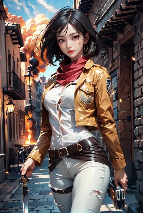 <(best quality, extremery best quality, masterpiece:1.4), (realistic, intricate details:1.4), (photorealistic:1.4), (extremely intricate:1.4), highres, ultra highres, ultra-detailed, absurdres, incredibly absurdres, extremely detailed, high quality, high resolution, hyperrealistic, ultra-realistic, hyper-detailed, top quality, best, fine detail, massive detail, Highly detailed, extreme detailed, highest detailed, high-res, absolutely resolution, reflection, (refraction:1.4), (hyperrealism:1.4)>, BREAK, 1girl, solo, looking at viewer, (young cute beautiful 18-year-old girl:1.4), 3d face, beautiful girl, Beautiful face, pretty, girlface, kpop idol,  supermodel, stunning innocent symmetry face, perfect body, medium breast, slim waist, slim legs, (high detailed skin:1.4), glowing eyes, goddess, natural skin texture, shiny skin, White skin, Beautiful detailed face, detailed face, real skin texture, cute delicate face, finely detailed face, golden ratio, golden ratio face, expressive eyes, perfect face, perfect skin, flawless face, clear face, shiny hair, pale skin, Proper body proportion, perfect anatomy, realistic skin texture, luscious lips, glossy lips, natural makeup, beautiful bright pupils, slender figure, intricate eyes, detailed pupils, detailed face and eyes, longeyelashes, blush, good hand, perfect hands, pretty face, beautiful female bodies, finely detailed skin, oily shiny skin, BREAK, (((((Attack on Titan, (brown jacket, emblem, white shirt, white pants:1.5), (hmmikasa, short hair, black eyes, scarf, belt, thigh strap, red scarf, long sleeves:1.4), (holding weapon, sword, dual wielding, three-dimensional maneuver gear, fighting stance, sky:1.4), (battle, adventurous look:1.3), (blush, fantasy, scenery, plants, open mouth:1.2),  (highly detailed worn metal texture:1.2), (floating colorful sparkles, light is shining, dust is drifting, floating catkins, fog, wind:1.2), (rust, dirt, dust, scratches, abrasions on the metal texture:1.2), (fly:1.4), (Luminescent Particles:1.3), (Old City of Dubrovnik, Avila, Historic Fortified City of Carcassonne, Noerdlingen,Ancient castle, Romanesque architectural style, Gothic architectural style, Renaissance architectural style, Baroque architectural style, Half-timbered house, Medieval castles, Romanesque forts, Gothic walls, Tudor style architecture, British style architecture, medieval village setting:1.3), (50m high city wall:1.5), (city surrounded by walls, ember, battlefield, grey mist, smoke, explosion, apocalyptic, destroyed city background, buildings on fire:1.4), (fullbody:1.2), (eye focus, face focus, character focus, close-up face:1.2), (dutch angle, cowboy shot:1.3), (hand of Guido Daniele:1.4), flat bangs, colorful refraction)))), BREAK, <watercolor, available light, detailed light,  volumetric fog,  beautiful lighting,  Rembrandt lighting,  Cinematic, pixel art,  game art,  key visual,  surreal,   PBR Texturing,   Anisotropic Filtering, Maximum Clarity And Sharpness, Albedo And Specular Maps, Multi-Layered Textures, Surface Shading, Sub-Pixel Convolution,  Sub-Pixel Convolution,  Accurate Simulation Of Light-Material Interaction, blurry foreground, broad light, volumetric light effect, matte painting, perfectly defined features, volumetric lighting, Tone Mapping, Lumen Reflections, Global illumination, Ray Tracing, Screen Space Global Illumination, Accent Lighting, 32k, Natural Lighting, volumetric, cinematic masterpiece, Rule of thirds, high dynamic range, Multi-exposure HDR capture, cinematic render, game cg cinematic, atmospheric perspective, movie scene, epic dynamic frame, motion blur, ((cinematic look, Film look)), rim light, 4k textures, adobe lightroom, photolab, insane details, hyperdetailed, exposure blend, professional color grading, professional color correction, aerial perspective, particles and dust in beams of light, cinematic scene, dynamic lighting, sharp details, lomography, soft focus, light leaks, bold hues, atmospheric depth, (explosive light and shadow:1.2), aesthetics, intricate designs, ultra realistic digital art, (zentangle, mandala, tangle, entangle), (fractal art), elegant, vivid colours, floating particles, particles, dramatic, epic, (ink drawing, oil painting detailed), (dramatic lighting:1.2), RAW, huge filesize, extremery detailed CG, Photo, 8k uhd, cinematic atmosphere, trending on artstation, award-winning glamour photograph, highly detailed photo, official art, beautiful and aesthetic, unity 8k wallpaper, beautiful, highly detailed CG illustration, best illustration, intricate, Amazing, emotional, analog, painting, digital painting, concept art, Oil Painting, illustration, Classical art, Renaissance, Romanticism, Neoclassicism, Color Palette, depth and contrast, Vibrant colors, saturated, rich saturation, color harmony, vivid palette, concept-art, design style, detail character, concept render, colorful, analog photography, dreamy atmosphere, specular highlights, atmospheric lighting, (dynamic angle, dynamic pose :1.3), (shiny, clothes reflecting light, lens flare, bloom effect, light particle, lens glare:1.3), realistic lighting, cinematic light, (cinematic lighting), light in the face, soft lighting, saturated colors, detailed background, sharp focus, 8k high definition, perspective, Master Composition, roughness, post-processing, soft shadows, realistic shadows, ambient occlusion, ray-tracing, subsurface scattering, photon mapping, physically-based rendering, octane rendering, unreal engine 5, ue5 rendering, Adobe After FX, dslr, RTX, Best character details, radiosity, sharp, antialiased, RAW photo, HDR, 8k, 4k, (((Photographed by Roger Deakins, using a RED Monstro 8K VV camera and a series of high-end lenses))), ((Hasselblad photography)), (film grain:1.4), Kodak portra 400, ((Fujifilm X-T5)), professional photograph, depth of field, caustics, Broad lighting, diffuse lighting, rim lighting, two tone lighting, textile details, visible pores, high resolution scan, professionally color graded, photographic reality, automatic white balance, best lighting, detailed shadow, high contrast, strong light and shadow>, (PureErosFace_V1:0.4), (ulzzang-6500:0.6), <lora:epiNoiseoffset_v3:0.05>, <lora:FilmVelvia2:0.05>, <lora:add_detail:0.2>,  <lora:mikasa_ackerman_v1:0.7>