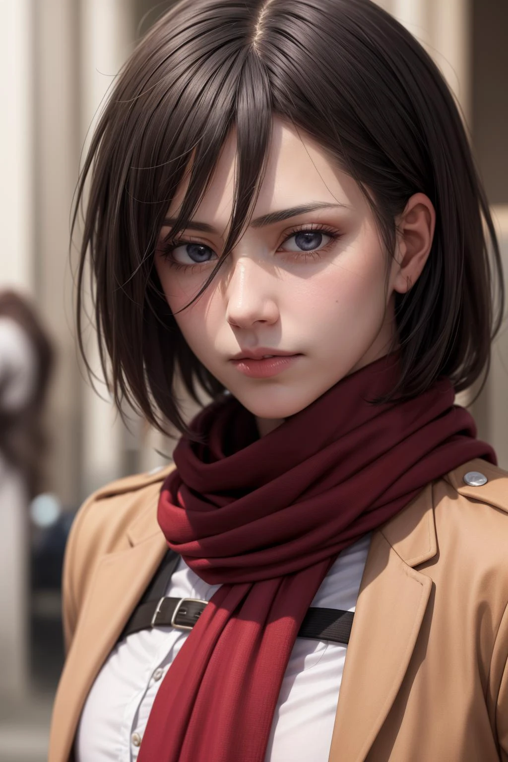 masterpiece, absurdres, closeup, high detail, high quality, a beautiful 1girl, mikasa ackerman, realistic, red scarf, sad, uniform, <lora:mikasa_ackerman_v1:0.7>