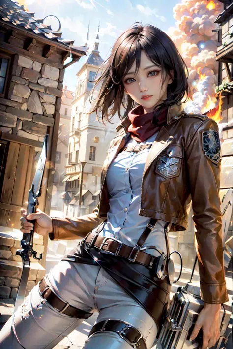 <(best quality, extremery best quality, masterpiece:1.4), (realistic, intricate details:1.4), (photorealistic:1.4), (extremely intricate:1.4), highres, ultra highres, ultra-detailed, absurdres, incredibly absurdres, extremely detailed, high quality, high resolution, hyperrealistic, ultra-realistic, hyper-detailed, top quality, best, fine detail, massive detail, Highly detailed, extreme detailed, highest detailed, high-res, absolutely resolution, reflection, (refraction:1.4), (hyperrealism:1.4)>, BREAK, 1girl, solo, looking at viewer, (young cute beautiful 18-year-old girl:1.4), 3d face, beautiful girl, Beautiful face, pretty, girlface, kpop idol, supermodel, stunning innocent symmetry face, perfect body, medium breast, slim waist, slim legs, (high detailed skin:1.4), glowing eyes, goddess, natural skin texture, shiny skin, White skin, Beautiful detailed face, detailed face, real skin texture, cute delicate face, finely detailed face, golden ratio, golden ratio face, expressive eyes, perfect face, perfect skin, flawless face, clear face, shiny hair, pale skin, Proper body proportion, perfect anatomy, realistic skin texture, luscious lips, glossy lips, natural makeup, beautiful bright pupils, slender figure, intricate eyes, detailed pupils, detailed face and eyes, longeyelashes, blush, good hand, perfect hands, pretty face, beautiful female bodies, finely detailed skin, oily shiny skin, BREAK, (((((Attack on Titan, (brown jacket, emblem, white shirt, white pants:1.5), (hmmikasa, short hair, black eyes, scarf, belt, thigh strap, red scarf, long sleeves:1.4), (holding weapon, sword, dual wielding, three-dimensional maneuver gear, fighting stance, sky:1.4), (battle, adventurous look:1.3), (blush, fantasy, scenery, plants, open mouth:1.2), (highly detailed worn metal texture:1.2), (floating colorful sparkles, light is shining, dust is drifting, floating catkins, fog, wind:1.2), (rust, dirt, dust, scratches, abrasions on the metal texture:1.2), (fly:1.4), (Luminescent Particles:1.3), (Old City of Dubrovnik, Avila, Historic Fortified City of Carcassonne, Noerdlingen,Ancient castle, Romanesque architectural style, Gothic architectural style, Renaissance architectural style, Baroque architectural style, Half-timbered house, Medieval castles, Romanesque forts, Gothic walls, Tudor style architecture, British style architecture, medieval village setting:1.3), (50m high city wall:1.5), (city surrounded by walls, ember, battlefield, grey mist, smoke, explosion, apocalyptic, destroyed city background, buildings on fire:1.4), (fullbody:1.2), (eye focus, face focus, character focus, close-up face:1.2), (dutch angle, cowboy shot:1.3), (hand of Guido Daniele:1.4), flat bangs, colorful refraction)))), BREAK, <watercolor, available light, detailed light, volumetric fog, beautiful lighting, Rembrandt lighting, Cinematic, pixel art, game art, key visual, surreal, PBR Texturing, Anisotropic Filtering, Maximum Clarity And Sharpness, Albedo And Specular Maps, Multi-Layered Textures, Surface Shading, Sub-Pixel Convolution, Sub-Pixel Convolution, Accurate Simulation Of Light-Material Interaction, blurry foreground, broad light, volumetric light effect, matte painting, perfectly defined features, volumetric lighting, Tone Mapping, Lumen Reflections, Global illumination, Ray Tracing, Screen Space Global Illumination, Accent Lighting, 32k, Natural Lighting, volumetric, cinematic masterpiece, Rule of thirds, high dynamic range, Multi-exposure HDR capture, cinematic render, game cg cinematic, atmospheric perspective, movie scene, epic dynamic frame, motion blur, ((cinematic look, Film look)), rim light, 4k textures, adobe lightroom, photolab, insane details, hyperdetailed, exposure blend, professional color grading, professional color correction, aerial perspective, particles and dust in beams of light, cinematic scene, dynamic lighting, sharp details, lomography, soft focus, light leaks, bold hues, atmospheric depth, (explosive light and shadow:1.2), aesthetics, intricate designs, ultra realistic digital art, (zentangle, mandala, tangle, entangle), (fractal art), elegant, vivid colours, floating particles, particles, dramatic, epic, (ink drawing, oil painting detailed), (dramatic lighting:1.2), RAW, huge filesize, extremery detailed CG, Photo, 8k uhd, cinematic atmosphere, trending on artstation, award-winning glamour photograph, highly detailed photo, official art, beautiful and aesthetic, unity 8k wallpaper, beautiful, highly detailed CG illustration, best illustration, intricate, Amazing, emotional, analog, painting, digital painting, concept art, Oil Painting, illustration, Classical art, Renaissance, Romanticism, Neoclassicism, Color Palette, depth and contrast, Vibrant colors, saturated, rich saturation, color harmony, vivid palette, concept-art, design style, detail character, concept render, colorful, analog photography, dreamy atmosphere, specular highlights, atmospheric lighting, (dynamic angle, dynamic pose :1.3), (shiny, clothes reflecting light, lens flare, bloom effect, light particle, lens glare:1.3), realistic lighting, cinematic light, (cinematic lighting), light in the face, soft lighting, saturated colors, detailed background, sharp focus, 8k high definition, perspective, Master Composition, roughness, post-processing, soft shadows, realistic shadows, ambient occlusion, ray-tracing, subsurface scattering, photon mapping, physically-based rendering, octane rendering, unreal engine 5, ue5 rendering, Adobe After FX, dslr, RTX, Best character details, radiosity, sharp, antialiased, RAW photo, HDR, 8k, 4k, (((Photographed by Roger Deakins, using a RED Monstro 8K VV camera and a series of high-end lenses))), ((Hasselblad photography)), (film grain:1.4), Kodak portra 400, ((Fujifilm X-T5)), professional photograph, depth of field, caustics, Broad lighting, diffuse lighting, rim lighting, two tone lighting, textile details, visible pores, high resolution scan, professionally color graded, photographic reality, automatic white balance, best lighting, detailed shadow, high contrast, strong light and shadow>, (PureErosFace_V1:0.4), (ulzzang-6500:0.6), <lora:epiNoiseoffset_v3:0.05>, <lora:FilmVelvia2:0.05>, <lora:add_detail:0.2>, <lora:mikasa_ackerman_v1:0.7>