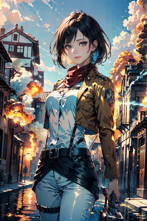 <(best quality, extremery best quality, masterpiece:1.4), (realistic, intricate details:1.4), (photorealistic:1.4), (extremely intricate:1.4), highres, ultra highres, ultra-detailed, absurdres, incredibly absurdres, extremely detailed, high quality, high resolution, hyperrealistic, ultra-realistic, hyper-detailed, top quality, best, fine detail, massive detail, Highly detailed, extreme detailed, highest detailed, high-res, absolutely resolution, reflection, (refraction:1.4), (hyperrealism:1.4)>, BREAK, 1girl, solo, looking at viewer, (young cute beautiful 18-year-old girl:1.4), 3d face, beautiful girl, Beautiful face, pretty, girlface, kpop idol, supermodel, stunning innocent symmetry face, perfect body, medium breast, slim waist, slim legs, (high detailed skin:1.4), glowing eyes, goddess, natural skin texture, shiny skin, White skin, Beautiful detailed face, detailed face, real skin texture, cute delicate face, finely detailed face, golden ratio, golden ratio face, expressive eyes, perfect face, perfect skin, flawless face, clear face, shiny hair, pale skin, Proper body proportion, perfect anatomy, realistic skin texture, luscious lips, glossy lips, natural makeup, beautiful bright pupils, slender figure, intricate eyes, detailed pupils, detailed face and eyes, longeyelashes, blush, good hand, perfect hands, pretty face, beautiful female bodies, finely detailed skin, oily shiny skin, BREAK, (((((Attack on Titan, (brown jacket, emblem, white shirt, white pants:1.5), (hmmikasa, short hair, black eyes, scarf, belt, thigh strap, red scarf, long sleeves:1.4), (holding weapon, sword, dual wielding, three-dimensional maneuver gear, fighting stance, sky:1.4), (battle, adventurous look:1.3), (blush, fantasy, scenery, plants, open mouth:1.2), (highly detailed worn metal texture:1.2), (floating colorful sparkles, light is shining, dust is drifting, floating catkins, fog, wind:1.2), (rust, dirt, dust, scratches, abrasions on the metal texture:1.2), (fly:1.4), (Luminescent Particles:1.3), (Old City of Dubrovnik, Avila, Historic Fortified City of Carcassonne, Noerdlingen,Ancient castle, Romanesque architectural style, Gothic architectural style, Renaissance architectural style, Baroque architectural style, Half-timbered house, Medieval castles, Romanesque forts, Gothic walls, Tudor style architecture, British style architecture, medieval village setting:1.3), (50m high city wall:1.5), (city surrounded by walls, ember, battlefield, grey mist, smoke, explosion, apocalyptic, destroyed city background, buildings on fire:1.4), (fullbody:1.2), (eye focus, face focus, character focus, close-up face:1.2), (dutch angle, cowboy shot:1.3), (hand of Guido Daniele:1.4), flat bangs, colorful refraction)))), BREAK, <watercolor, available light, detailed light, volumetric fog, beautiful lighting, Rembrandt lighting, Cinematic, pixel art, game art, key visual, surreal, PBR Texturing, Anisotropic Filtering, Maximum Clarity And Sharpness, Albedo And Specular Maps, Multi-Layered Textures, Surface Shading, Sub-Pixel Convolution, Sub-Pixel Convolution, Accurate Simulation Of Light-Material Interaction, blurry foreground, broad light, volumetric light effect, matte painting, perfectly defined features, volumetric lighting, Tone Mapping, Lumen Reflections, Global illumination, Ray Tracing, Screen Space Global Illumination, Accent Lighting, 32k, Natural Lighting, volumetric, cinematic masterpiece, Rule of thirds, high dynamic range, Multi-exposure HDR capture, cinematic render, game cg cinematic, atmospheric perspective, movie scene, epic dynamic frame, motion blur, ((cinematic look, Film look)), rim light, 4k textures, adobe lightroom, photolab, insane details, hyperdetailed, exposure blend, professional color grading, professional color correction, aerial perspective, particles and dust in beams of light, cinematic scene, dynamic lighting, sharp details, lomography, soft focus, light leaks, bold hues, atmospheric depth, (explosive light and shadow:1.2), aesthetics, intricate designs, ultra realistic digital art, (zentangle, mandala, tangle, entangle), (fractal art), elegant, vivid colours, floating particles, particles, dramatic, epic, (ink drawing, oil painting detailed), (dramatic lighting:1.2), RAW, huge filesize, extremery detailed CG, Photo, 8k uhd, cinematic atmosphere, trending on artstation, award-winning glamour photograph, highly detailed photo, official art, beautiful and aesthetic, unity 8k wallpaper, beautiful, highly detailed CG illustration, best illustration, intricate, Amazing, emotional, analog, painting, digital painting, concept art, Oil Painting, illustration, Classical art, Renaissance, Romanticism, Neoclassicism, Color Palette, depth and contrast, Vibrant colors, saturated, rich saturation, color harmony, vivid palette, concept-art, design style, detail character, concept render, colorful, analog photography, dreamy atmosphere, specular highlights, atmospheric lighting, (dynamic angle, dynamic pose :1.3), (shiny, clothes reflecting light, lens flare, bloom effect, light particle, lens glare:1.3), realistic lighting, cinematic light, (cinematic lighting), light in the face, soft lighting, saturated colors, detailed background, sharp focus, 8k high definition, perspective, Master Composition, roughness, post-processing, soft shadows, realistic shadows, ambient occlusion, ray-tracing, subsurface scattering, photon mapping, physically-based rendering, octane rendering, unreal engine 5, ue5 rendering, Adobe After FX, dslr, RTX, Best character details, radiosity, sharp, antialiased, RAW photo, HDR, 8k, 4k, (((Photographed by Roger Deakins, using a RED Monstro 8K VV camera and a series of high-end lenses))), ((Hasselblad photography)), (film grain:1.4), Kodak portra 400, ((Fujifilm X-T5)), professional photograph, depth of field, caustics, Broad lighting, diffuse lighting, rim lighting, two tone lighting, textile details, visible pores, high resolution scan, professionally color graded, photographic reality, automatic white balance, best lighting, detailed shadow, high contrast, strong light and shadow>, (PureErosFace_V1:0.4), (ulzzang-6500:0.6), <lora:epiNoiseoffset_v3:0.05>, <lora:FilmVelvia2:0.05>, <lora:add_detail:0.2>, <lora:mikasa_ackerman_v1:0.7>