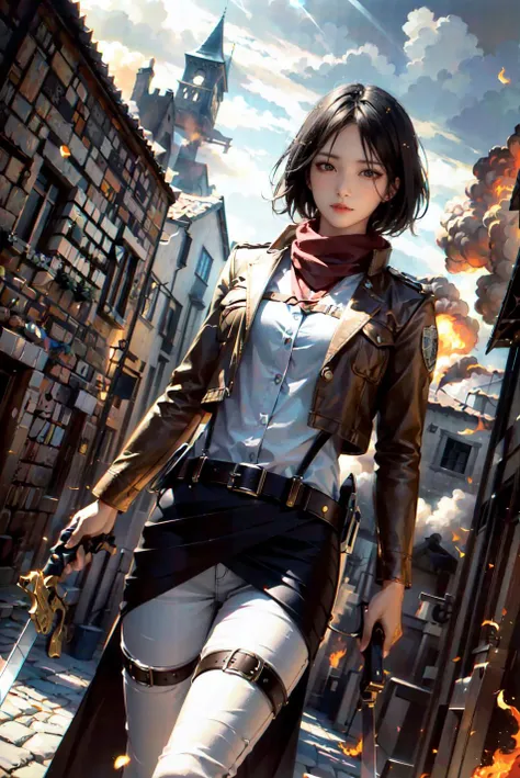 <(best quality, extremery best quality, masterpiece:1.4), (realistic, intricate details:1.4), (photorealistic:1.4), (extremely intricate:1.4), highres, ultra highres, ultra-detailed, absurdres, incredibly absurdres, extremely detailed, high quality, high resolution, hyperrealistic, ultra-realistic, hyper-detailed, top quality, best, fine detail, massive detail, Highly detailed, extreme detailed, highest detailed, high-res, absolutely resolution, reflection, (refraction:1.4), (hyperrealism:1.4)>, BREAK, 1girl, solo, looking at viewer, (young cute beautiful 18-year-old girl:1.4), 3d face, beautiful girl, Beautiful face, pretty, girlface, kpop idol,  supermodel, stunning innocent symmetry face, perfect body, medium breast, slim waist, slim legs, (high detailed skin:1.4), glowing eyes, goddess, natural skin texture, shiny skin, White skin, Beautiful detailed face, detailed face, real skin texture, cute delicate face, finely detailed face, golden ratio, golden ratio face, expressive eyes, perfect face, perfect skin, flawless face, clear face, shiny hair, pale skin, Proper body proportion, perfect anatomy, realistic skin texture, luscious lips, glossy lips, natural makeup, beautiful bright pupils, slender figure, intricate eyes, detailed pupils, detailed face and eyes, longeyelashes, blush, good hand, perfect hands, pretty face, beautiful female bodies, finely detailed skin, oily shiny skin, BREAK, (((((Attack on Titan, (brown jacket, emblem, white shirt, white pants:1.5), (hmmikasa, short hair, black eyes, scarf, belt, thigh strap, red scarf, long sleeves:1.4), (holding weapon, sword, dual wielding, three-dimensional maneuver gear, fighting stance, sky:1.4), (battle, adventurous look:1.3), (blush, fantasy, scenery, plants, open mouth:1.2),  (highly detailed worn metal texture:1.2), (floating colorful sparkles, light is shining, dust is drifting, floating catkins, fog, wind:1.2), (rust, dirt, dust, scratches, abrasions on the metal texture:1.2), (fly:1.4), (Luminescent Particles:1.3), (Old City of Dubrovnik, Avila, Historic Fortified City of Carcassonne, Noerdlingen,Ancient castle, Romanesque architectural style, Gothic architectural style, Renaissance architectural style, Baroque architectural style, Half-timbered house, Medieval castles, Romanesque forts, Gothic walls, Tudor style architecture, British style architecture, medieval village setting:1.3), (50m high city wall:1.5), (city surrounded by walls, ember, battlefield, grey mist, smoke, explosion, apocalyptic, destroyed city background, buildings on fire:1.4), (fullbody:1.2), (eye focus, face focus, character focus, close-up face:1.2), (dutch angle, cowboy shot:1.3), (hand of Guido Daniele:1.4), flat bangs, colorful refraction)))), BREAK, <watercolor, available light, detailed light,  volumetric fog,  beautiful lighting,  Rembrandt lighting,  Cinematic, pixel art,  game art,  key visual,  surreal,   PBR Texturing,   Anisotropic Filtering, Maximum Clarity And Sharpness, Albedo And Specular Maps, Multi-Layered Textures, Surface Shading, Sub-Pixel Convolution,  Sub-Pixel Convolution,  Accurate Simulation Of Light-Material Interaction, blurry foreground, broad light, volumetric light effect, matte painting, perfectly defined features, volumetric lighting, Tone Mapping, Lumen Reflections, Global illumination, Ray Tracing, Screen Space Global Illumination, Accent Lighting, 32k, Natural Lighting, volumetric, cinematic masterpiece, Rule of thirds, high dynamic range, Multi-exposure HDR capture, cinematic render, game cg cinematic, atmospheric perspective, movie scene, epic dynamic frame, motion blur, ((cinematic look, Film look)), rim light, 4k textures, adobe lightroom, photolab, insane details, hyperdetailed, exposure blend, professional color grading, professional color correction, aerial perspective, particles and dust in beams of light, cinematic scene, dynamic lighting, sharp details, lomography, soft focus, light leaks, bold hues, atmospheric depth, (explosive light and shadow:1.2), aesthetics, intricate designs, ultra realistic digital art, (zentangle, mandala, tangle, entangle), (fractal art), elegant, vivid colours, floating particles, particles, dramatic, epic, (ink drawing, oil painting detailed), (dramatic lighting:1.2), RAW, huge filesize, extremery detailed CG, Photo, 8k uhd, cinematic atmosphere, trending on artstation, award-winning glamour photograph, highly detailed photo, official art, beautiful and aesthetic, unity 8k wallpaper, beautiful, highly detailed CG illustration, best illustration, intricate, Amazing, emotional, analog, painting, digital painting, concept art, Oil Painting, illustration, Classical art, Renaissance, Romanticism, Neoclassicism, Color Palette, depth and contrast, Vibrant colors, saturated, rich saturation, color harmony, vivid palette, concept-art, design style, detail character, concept render, colorful, analog photography, dreamy atmosphere, specular highlights, atmospheric lighting, (dynamic angle, dynamic pose :1.3), (shiny, clothes reflecting light, lens flare, bloom effect, light particle, lens glare:1.3), realistic lighting, cinematic light, (cinematic lighting), light in the face, soft lighting, saturated colors, detailed background, sharp focus, 8k high definition, perspective, Master Composition, roughness, post-processing, soft shadows, realistic shadows, ambient occlusion, ray-tracing, subsurface scattering, photon mapping, physically-based rendering, octane rendering, unreal engine 5, ue5 rendering, Adobe After FX, dslr, RTX, Best character details, radiosity, sharp, antialiased, RAW photo, HDR, 8k, 4k, (((Photographed by Roger Deakins, using a RED Monstro 8K VV camera and a series of high-end lenses))), ((Hasselblad photography)), (film grain:1.4), Kodak portra 400, ((Fujifilm X-T5)), professional photograph, depth of field, caustics, Broad lighting, diffuse lighting, rim lighting, two tone lighting, textile details, visible pores, high resolution scan, professionally color graded, photographic reality, automatic white balance, best lighting, detailed shadow, high contrast, strong light and shadow>, (PureErosFace_V1:0.4), (ulzzang-6500:0.6), <lora:epiNoiseoffset_v3:0.05>, <lora:FilmVelvia2:0.05>, <lora:add_detail:0.2>,  <lora:mikasa_ackerman_v1:0.7>