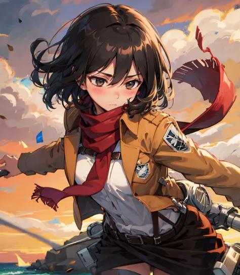 <lora:mikasa_ackerman_v1:0.8>
masterpiece, best quality, highres, hmmikasa, open jacket,short hair, black eyes, scarf, emblem, belt, thigh strap, red scarf, nude, cowboy shot, standing, on the beach, tall girl, 4k, beautiful lighting, detailed face, sword, dual wielding, three-dimensional maneuver gear, fighting stance,(disdain,leaning forward,blush)