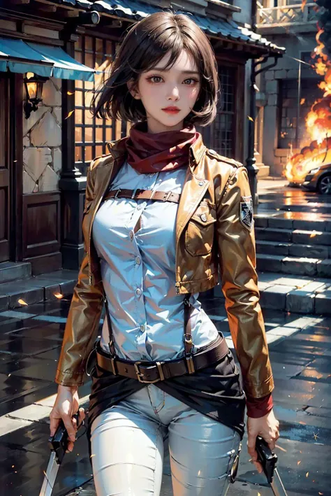 <(best quality, extremery best quality, masterpiece:1.4), (realistic, intricate details:1.4), (photorealistic:1.4), (extremely intricate:1.4), highres, ultra highres, ultra-detailed, absurdres, incredibly absurdres, extremely detailed, high quality, high resolution, hyperrealistic, ultra-realistic, hyper-detailed, top quality, best, fine detail, massive detail, Highly detailed, extreme detailed, highest detailed, high-res, absolutely resolution, reflection, (refraction:1.4), (hyperrealism:1.4)>, BREAK, 1girl, solo, looking at viewer, (young cute beautiful 18-year-old girl:1.4), 3d face, beautiful girl, Beautiful face, pretty, girlface, kpop idol, supermodel, stunning innocent symmetry face, perfect body, medium breast, slim waist, slim legs, (high detailed skin:1.4), glowing eyes, goddess, natural skin texture, shiny skin, White skin, Beautiful detailed face, detailed face, real skin texture, cute delicate face, finely detailed face, golden ratio, golden ratio face, expressive eyes, perfect face, perfect skin, flawless face, clear face, shiny hair, pale skin, Proper body proportion, perfect anatomy, realistic skin texture, luscious lips, glossy lips, natural makeup, beautiful bright pupils, slender figure, intricate eyes, detailed pupils, detailed face and eyes, longeyelashes, blush, good hand, perfect hands, pretty face, beautiful female bodies, finely detailed skin, oily shiny skin, BREAK, (((((Attack on Titan, (brown jacket, emblem, white shirt, white pants:1.5), (hmmikasa, short hair, black eyes, scarf, belt, thigh strap, red scarf, long sleeves:1.4), (holding weapon, sword, dual wielding, three-dimensional maneuver gear, fighting stance, sky:1.4), (battle, adventurous look:1.3), (blush, fantasy, scenery, plants, open mouth:1.2), (highly detailed worn metal texture:1.2), (floating colorful sparkles, light is shining, dust is drifting, floating catkins, fog, wind:1.2), (rust, dirt, dust, scratches, abrasions on the metal texture:1.2), (fly:1.4), (Luminescent Particles:1.3), (Old City of Dubrovnik, Avila, Historic Fortified City of Carcassonne, Noerdlingen,Ancient castle, Romanesque architectural style, Gothic architectural style, Renaissance architectural style, Baroque architectural style, Half-timbered house, Medieval castles, Romanesque forts, Gothic walls, Tudor style architecture, British style architecture, medieval village setting:1.3), (50m high city wall:1.5), (city surrounded by walls, ember, battlefield, grey mist, smoke, explosion, apocalyptic, destroyed city background, buildings on fire:1.4), (fullbody:1.2), (eye focus, face focus, character focus, close-up face:1.2), (dutch angle, cowboy shot:1.3), (hand of Guido Daniele:1.4), flat bangs, colorful refraction)))), BREAK, <watercolor, available light, detailed light, volumetric fog, beautiful lighting, Rembrandt lighting, Cinematic, pixel art, game art, key visual, surreal, PBR Texturing, Anisotropic Filtering, Maximum Clarity And Sharpness, Albedo And Specular Maps, Multi-Layered Textures, Surface Shading, Sub-Pixel Convolution, Sub-Pixel Convolution, Accurate Simulation Of Light-Material Interaction, blurry foreground, broad light, volumetric light effect, matte painting, perfectly defined features, volumetric lighting, Tone Mapping, Lumen Reflections, Global illumination, Ray Tracing, Screen Space Global Illumination, Accent Lighting, 32k, Natural Lighting, volumetric, cinematic masterpiece, Rule of thirds, high dynamic range, Multi-exposure HDR capture, cinematic render, game cg cinematic, atmospheric perspective, movie scene, epic dynamic frame, motion blur, ((cinematic look, Film look)), rim light, 4k textures, adobe lightroom, photolab, insane details, hyperdetailed, exposure blend, professional color grading, professional color correction, aerial perspective, particles and dust in beams of light, cinematic scene, dynamic lighting, sharp details, lomography, soft focus, light leaks, bold hues, atmospheric depth, (explosive light and shadow:1.2), aesthetics, intricate designs, ultra realistic digital art, (zentangle, mandala, tangle, entangle), (fractal art), elegant, vivid colours, floating particles, particles, dramatic, epic, (ink drawing, oil painting detailed), (dramatic lighting:1.2), RAW, huge filesize, extremery detailed CG, Photo, 8k uhd, cinematic atmosphere, trending on artstation, award-winning glamour photograph, highly detailed photo, official art, beautiful and aesthetic, unity 8k wallpaper, beautiful, highly detailed CG illustration, best illustration, intricate, Amazing, emotional, analog, painting, digital painting, concept art, Oil Painting, illustration, Classical art, Renaissance, Romanticism, Neoclassicism, Color Palette, depth and contrast, Vibrant colors, saturated, rich saturation, color harmony, vivid palette, concept-art, design style, detail character, concept render, colorful, analog photography, dreamy atmosphere, specular highlights, atmospheric lighting, (dynamic angle, dynamic pose :1.3), (shiny, clothes reflecting light, lens flare, bloom effect, light particle, lens glare:1.3), realistic lighting, cinematic light, (cinematic lighting), light in the face, soft lighting, saturated colors, detailed background, sharp focus, 8k high definition, perspective, Master Composition, roughness, post-processing, soft shadows, realistic shadows, ambient occlusion, ray-tracing, subsurface scattering, photon mapping, physically-based rendering, octane rendering, unreal engine 5, ue5 rendering, Adobe After FX, dslr, RTX, Best character details, radiosity, sharp, antialiased, RAW photo, HDR, 8k, 4k, (((Photographed by Roger Deakins, using a RED Monstro 8K VV camera and a series of high-end lenses))), ((Hasselblad photography)), (film grain:1.4), Kodak portra 400, ((Fujifilm X-T5)), professional photograph, depth of field, caustics, Broad lighting, diffuse lighting, rim lighting, two tone lighting, textile details, visible pores, high resolution scan, professionally color graded, photographic reality, automatic white balance, best lighting, detailed shadow, high contrast, strong light and shadow>, (PureErosFace_V1:0.4), (ulzzang-6500:0.6), <lora:epiNoiseoffset_v3:0.05>, <lora:FilmVelvia2:0.05>, <lora:add_detail:0.2>, <lora:mikasa_ackerman_v1:0.7>