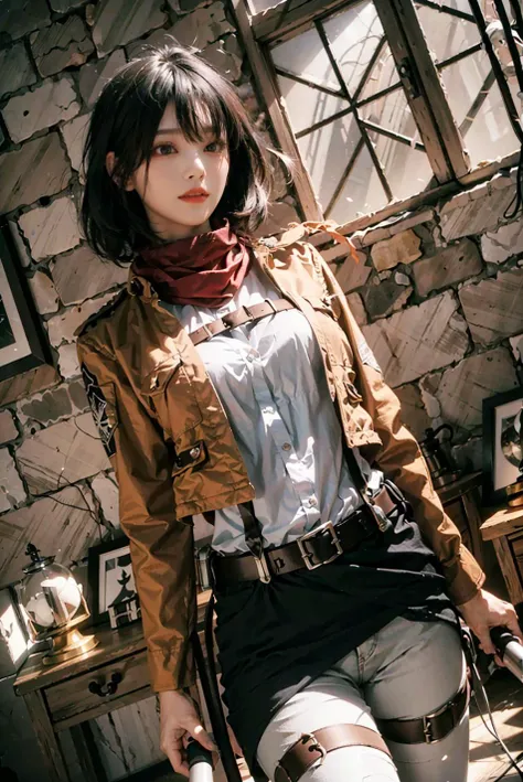 very highly detailed background, mikasa ackerman, shingeki no kyojin, 1girll, By bangs, obi strip, belt buckle, 黑The eye, Black hair, Brown belt, Brown jacket, Buckle, Formal shirts, Hair between both eyes, jaket, longer sleeves, Medium hair, Open your clothes,Open the jacket,Keep one's mouth shut,Heaven uniform,red neckchief,scarf,The shirt,solo person,standing on your feet,short detailed hair,Harnes,Three-dimensional electric equipment,White background,white shirt,wing collar,((tmasterpiece)),