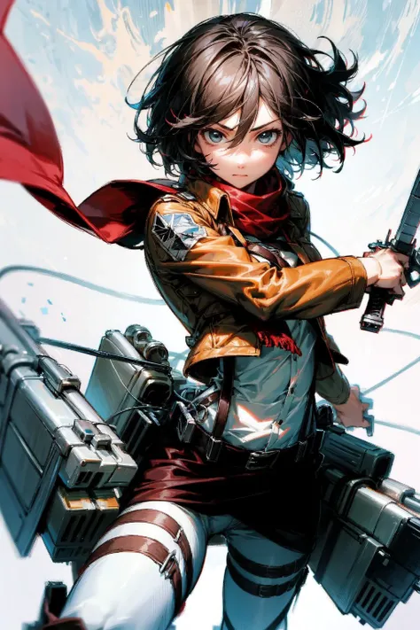 thick outlines, comics, photorealistic, perfect hands, masterpiece:1.2, colorful, 1 girl, solo, dynamic pose, <lora:mikasa_ackerman_v1:0.9>, hmmikasa, short hair, black eyes, scarf, emblem, belt, thigh strap, red scarf, white pants, brown jacket, long sleeves, small breast, holding weapon, sword, dual wielding, three-dimensional maneuver gear, detailed background, detailed face, detailed eyes, <lora:add_detail:0.8>