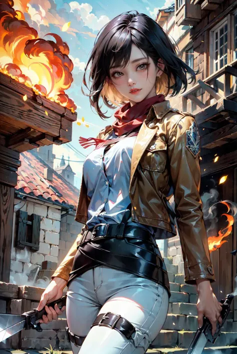<(best quality, extremery best quality, masterpiece:1.4), (realistic, intricate details:1.4), (photorealistic:1.4), (extremely intricate:1.4), highres, ultra highres, ultra-detailed, absurdres, incredibly absurdres, extremely detailed, high quality, high resolution, hyperrealistic, ultra-realistic, hyper-detailed, top quality, best, fine detail, massive detail, Highly detailed, extreme detailed, highest detailed, high-res, absolutely resolution, reflection, (refraction:1.4), (hyperrealism:1.4)>, BREAK, 1girl, solo, looking at viewer, (young cute beautiful 18-year-old girl:1.4), 3d face, beautiful girl, Beautiful face, pretty, girlface, kpop idol, supermodel, stunning innocent symmetry face, perfect body, medium breast, slim waist, slim legs, (high detailed skin:1.4), glowing eyes, goddess, natural skin texture, shiny skin, White skin, Beautiful detailed face, detailed face, real skin texture, cute delicate face, finely detailed face, golden ratio, golden ratio face, expressive eyes, perfect face, perfect skin, flawless face, clear face, shiny hair, pale skin, Proper body proportion, perfect anatomy, realistic skin texture, luscious lips, glossy lips, natural makeup, beautiful bright pupils, slender figure, intricate eyes, detailed pupils, detailed face and eyes, longeyelashes, blush, good hand, perfect hands, pretty face, beautiful female bodies, finely detailed skin, oily shiny skin, BREAK, (((((Attack on Titan, (brown jacket, emblem, white shirt, white pants:1.5), (hmmikasa, short hair, black eyes, scarf, belt, thigh strap, red scarf, long sleeves:1.4), (holding weapon, sword, dual wielding, three-dimensional maneuver gear, fighting stance, sky:1.4), (battle, adventurous look:1.3), (blush, fantasy, scenery, plants, open mouth:1.2), (highly detailed worn metal texture:1.2), (floating colorful sparkles, light is shining, dust is drifting, floating catkins, fog, wind:1.2), (rust, dirt, dust, scratches, abrasions on the metal texture:1.2), (fly:1.4), (Luminescent Particles:1.3), (Old City of Dubrovnik, Avila, Historic Fortified City of Carcassonne, Noerdlingen,Ancient castle, Romanesque architectural style, Gothic architectural style, Renaissance architectural style, Baroque architectural style, Half-timbered house, Medieval castles, Romanesque forts, Gothic walls, Tudor style architecture, British style architecture, medieval village setting:1.3), (50m high city wall:1.5), (city surrounded by walls, ember, battlefield, grey mist, smoke, explosion, apocalyptic, destroyed city background, buildings on fire:1.4), (fullbody:1.2), (eye focus, face focus, character focus, close-up face:1.2), (dutch angle, cowboy shot:1.3), (hand of Guido Daniele:1.4), flat bangs, colorful refraction)))), BREAK, <watercolor, available light, detailed light, volumetric fog, beautiful lighting, Rembrandt lighting, Cinematic, pixel art, game art, key visual, surreal, PBR Texturing, Anisotropic Filtering, Maximum Clarity And Sharpness, Albedo And Specular Maps, Multi-Layered Textures, Surface Shading, Sub-Pixel Convolution, Sub-Pixel Convolution, Accurate Simulation Of Light-Material Interaction, blurry foreground, broad light, volumetric light effect, matte painting, perfectly defined features, volumetric lighting, Tone Mapping, Lumen Reflections, Global illumination, Ray Tracing, Screen Space Global Illumination, Accent Lighting, 32k, Natural Lighting, volumetric, cinematic masterpiece, Rule of thirds, high dynamic range, Multi-exposure HDR capture, cinematic render, game cg cinematic, atmospheric perspective, movie scene, epic dynamic frame, motion blur, ((cinematic look, Film look)), rim light, 4k textures, adobe lightroom, photolab, insane details, hyperdetailed, exposure blend, professional color grading, professional color correction, aerial perspective, particles and dust in beams of light, cinematic scene, dynamic lighting, sharp details, lomography, soft focus, light leaks, bold hues, atmospheric depth, (explosive light and shadow:1.2), aesthetics, intricate designs, ultra realistic digital art, (zentangle, mandala, tangle, entangle), (fractal art), elegant, vivid colours, floating particles, particles, dramatic, epic, (ink drawing, oil painting detailed), (dramatic lighting:1.2), RAW, huge filesize, extremery detailed CG, Photo, 8k uhd, cinematic atmosphere, trending on artstation, award-winning glamour photograph, highly detailed photo, official art, beautiful and aesthetic, unity 8k wallpaper, beautiful, highly detailed CG illustration, best illustration, intricate, Amazing, emotional, analog, painting, digital painting, concept art, Oil Painting, illustration, Classical art, Renaissance, Romanticism, Neoclassicism, Color Palette, depth and contrast, Vibrant colors, saturated, rich saturation, color harmony, vivid palette, concept-art, design style, detail character, concept render, colorful, analog photography, dreamy atmosphere, specular highlights, atmospheric lighting, (dynamic angle, dynamic pose :1.3), (shiny, clothes reflecting light, lens flare, bloom effect, light particle, lens glare:1.3), realistic lighting, cinematic light, (cinematic lighting), light in the face, soft lighting, saturated colors, detailed background, sharp focus, 8k high definition, perspective, Master Composition, roughness, post-processing, soft shadows, realistic shadows, ambient occlusion, ray-tracing, subsurface scattering, photon mapping, physically-based rendering, octane rendering, unreal engine 5, ue5 rendering, Adobe After FX, dslr, RTX, Best character details, radiosity, sharp, antialiased, RAW photo, HDR, 8k, 4k, (((Photographed by Roger Deakins, using a RED Monstro 8K VV camera and a series of high-end lenses))), ((Hasselblad photography)), (film grain:1.4), Kodak portra 400, ((Fujifilm X-T5)), professional photograph, depth of field, caustics, Broad lighting, diffuse lighting, rim lighting, two tone lighting, textile details, visible pores, high resolution scan, professionally color graded, photographic reality, automatic white balance, best lighting, detailed shadow, high contrast, strong light and shadow>, (PureErosFace_V1:0.4), (ulzzang-6500:0.6), <lora:epiNoiseoffset_v3:0.05>, <lora:FilmVelvia2:0.05>, <lora:add_detail:0.2>, <lora:mikasa_ackerman_v1:0.7>