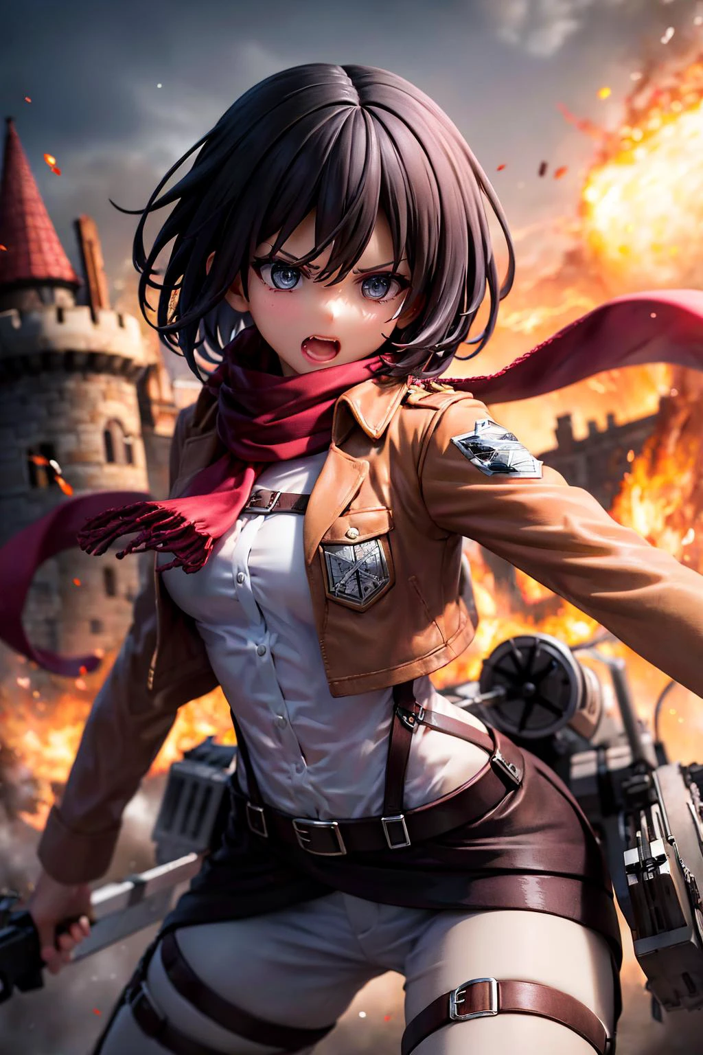 masterpiece, best quality, highres, hmmikasa, short hair, black eyes, scarf, emblem, belt, thigh strap, red scarf, white pants, brown jacket, long sleeves, <lora:mikasa_ackerman_v1:0.7>, holding weapon, sword, dual wielding, three-dimensional maneuver gear, fighting stance,
city ââwall, castle wall, high wall, explode, combustion, cowboy shot,
<lora:emotion_angry_slider_v1:2>,
<lora:detail_slider_v4:1>,