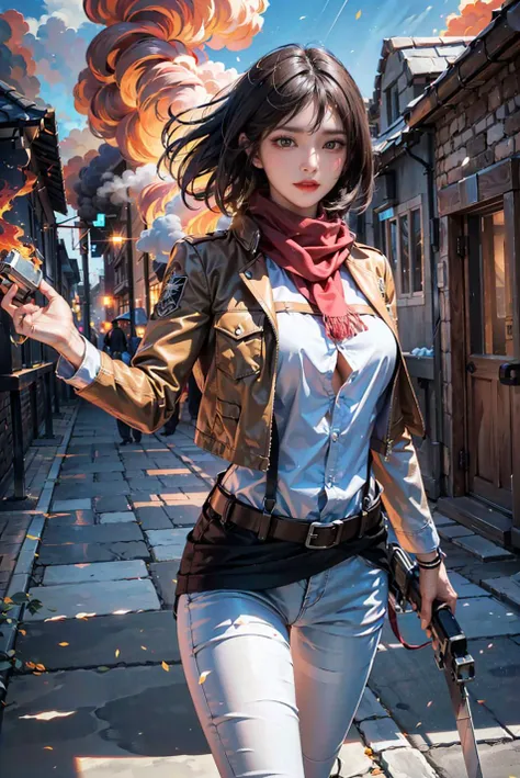 <(best quality, extremery best quality, masterpiece:1.4), (realistic, intricate details:1.4), (photorealistic:1.4), (extremely intricate:1.4), highres, ultra highres, ultra-detailed, absurdres, incredibly absurdres, extremely detailed, high quality, high resolution, hyperrealistic, ultra-realistic, hyper-detailed, top quality, best, fine detail, massive detail, Highly detailed, extreme detailed, highest detailed, high-res, absolutely resolution, reflection, (refraction:1.4), (hyperrealism:1.4)>, BREAK, 1girl, solo, looking at viewer, (young cute beautiful 18-year-old girl:1.4), 3d face, beautiful girl, Beautiful face, pretty, girlface, kpop idol, supermodel, stunning innocent symmetry face, perfect body, medium breast, slim waist, slim legs, (high detailed skin:1.4), glowing eyes, goddess, natural skin texture, shiny skin, White skin, Beautiful detailed face, detailed face, real skin texture, cute delicate face, finely detailed face, golden ratio, golden ratio face, expressive eyes, perfect face, perfect skin, flawless face, clear face, shiny hair, pale skin, Proper body proportion, perfect anatomy, realistic skin texture, luscious lips, glossy lips, natural makeup, beautiful bright pupils, slender figure, intricate eyes, detailed pupils, detailed face and eyes, longeyelashes, blush, good hand, perfect hands, pretty face, beautiful female bodies, finely detailed skin, oily shiny skin, BREAK, (((((Attack on Titan, (brown jacket, emblem, white shirt, white pants:1.5), (hmmikasa, short hair, black eyes, scarf, belt, thigh strap, red scarf, long sleeves:1.4), (holding weapon, sword, dual wielding, three-dimensional maneuver gear, fighting stance, sky:1.4), (battle, adventurous look:1.3), (blush, fantasy, scenery, plants, open mouth:1.2), (highly detailed worn metal texture:1.2), (floating colorful sparkles, light is shining, dust is drifting, floating catkins, fog, wind:1.2), (rust, dirt, dust, scratches, abrasions on the metal texture:1.2), (fly:1.4), (Luminescent Particles:1.3), (Old City of Dubrovnik, Avila, Historic Fortified City of Carcassonne, Noerdlingen,Ancient castle, Romanesque architectural style, Gothic architectural style, Renaissance architectural style, Baroque architectural style, Half-timbered house, Medieval castles, Romanesque forts, Gothic walls, Tudor style architecture, British style architecture, medieval village setting:1.3), (50m high city wall:1.5), (city surrounded by walls, ember, battlefield, grey mist, smoke, explosion, apocalyptic, destroyed city background, buildings on fire:1.4), (fullbody:1.2), (eye focus, face focus, character focus, close-up face:1.2), (dutch angle, cowboy shot:1.3), (hand of Guido Daniele:1.4), flat bangs, colorful refraction)))), BREAK, <watercolor, available light, detailed light, volumetric fog, beautiful lighting, Rembrandt lighting, Cinematic, pixel art, game art, key visual, surreal, PBR Texturing, Anisotropic Filtering, Maximum Clarity And Sharpness, Albedo And Specular Maps, Multi-Layered Textures, Surface Shading, Sub-Pixel Convolution, Sub-Pixel Convolution, Accurate Simulation Of Light-Material Interaction, blurry foreground, broad light, volumetric light effect, matte painting, perfectly defined features, volumetric lighting, Tone Mapping, Lumen Reflections, Global illumination, Ray Tracing, Screen Space Global Illumination, Accent Lighting, 32k, Natural Lighting, volumetric, cinematic masterpiece, Rule of thirds, high dynamic range, Multi-exposure HDR capture, cinematic render, game cg cinematic, atmospheric perspective, movie scene, epic dynamic frame, motion blur, ((cinematic look, Film look)), rim light, 4k textures, adobe lightroom, photolab, insane details, hyperdetailed, exposure blend, professional color grading, professional color correction, aerial perspective, particles and dust in beams of light, cinematic scene, dynamic lighting, sharp details, lomography, soft focus, light leaks, bold hues, atmospheric depth, (explosive light and shadow:1.2), aesthetics, intricate designs, ultra realistic digital art, (zentangle, mandala, tangle, entangle), (fractal art), elegant, vivid colours, floating particles, particles, dramatic, epic, (ink drawing, oil painting detailed), (dramatic lighting:1.2), RAW, huge filesize, extremery detailed CG, Photo, 8k uhd, cinematic atmosphere, trending on artstation, award-winning glamour photograph, highly detailed photo, official art, beautiful and aesthetic, unity 8k wallpaper, beautiful, highly detailed CG illustration, best illustration, intricate, Amazing, emotional, analog, painting, digital painting, concept art, Oil Painting, illustration, Classical art, Renaissance, Romanticism, Neoclassicism, Color Palette, depth and contrast, Vibrant colors, saturated, rich saturation, color harmony, vivid palette, concept-art, design style, detail character, concept render, colorful, analog photography, dreamy atmosphere, specular highlights, atmospheric lighting, (dynamic angle, dynamic pose :1.3), (shiny, clothes reflecting light, lens flare, bloom effect, light particle, lens glare:1.3), realistic lighting, cinematic light, (cinematic lighting), light in the face, soft lighting, saturated colors, detailed background, sharp focus, 8k high definition, perspective, Master Composition, roughness, post-processing, soft shadows, realistic shadows, ambient occlusion, ray-tracing, subsurface scattering, photon mapping, physically-based rendering, octane rendering, unreal engine 5, ue5 rendering, Adobe After FX, dslr, RTX, Best character details, radiosity, sharp, antialiased, RAW photo, HDR, 8k, 4k, (((Photographed by Roger Deakins, using a RED Monstro 8K VV camera and a series of high-end lenses))), ((Hasselblad photography)), (film grain:1.4), Kodak portra 400, ((Fujifilm X-T5)), professional photograph, depth of field, caustics, Broad lighting, diffuse lighting, rim lighting, two tone lighting, textile details, visible pores, high resolution scan, professionally color graded, photographic reality, automatic white balance, best lighting, detailed shadow, high contrast, strong light and shadow>, (PureErosFace_V1:0.4), (ulzzang-6500:0.6), <lora:epiNoiseoffset_v3:0.05>, <lora:FilmVelvia2:0.05>, <lora:add_detail:0.2>, <lora:mikasa_ackerman_v1:0.7>