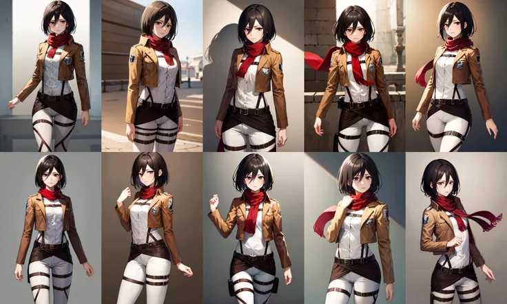 masterpiece, best quality, highres, hmmikasa, short hair, black eyes, scarf, belt, thigh strap, red scarf, white pants, white shirt, <lora:mikasa_ackerman_v1:0.7>, standing, cowboy shot,