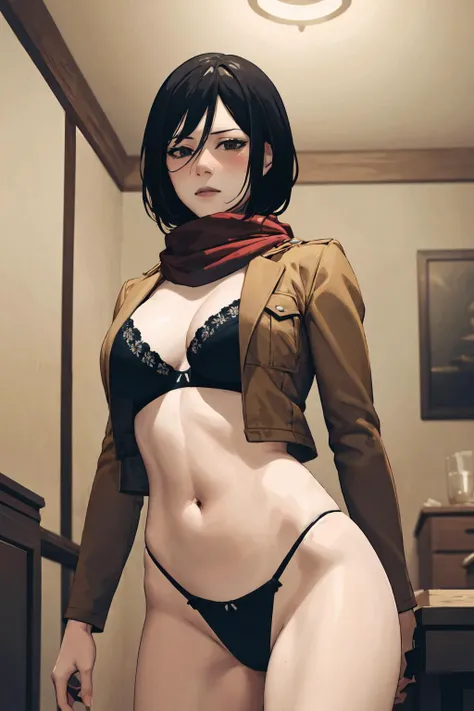 Mikasa_Ackerman，pessoa solo，por si mesmo，Roupas fora dos ombros，musclina，clivagem，umbigo，cintura aberta，Abs，Linha Colete，Traje fora do ombro，big tits, bikini, sexy, naked, lon hair, masterpiece, 8k, 4k