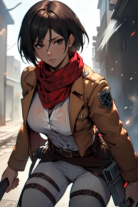 masterpiece,best quality, unreal engine, ultra res, extremely detailed,
1woman, HMMIKASA, SHORT HAIR, BLACK EYES,<lora:Character_mikasa_ackerman_v1:0.5><lora:Valmet:0.2>
big breasts, waist,(muscular:1.2),
sweat, deep breath, collarbone, sleeveless,
SCARF,
EMBLEM, BELT, THIGH STRAP, RED SCARF, WHITE PANTS, BROWN JACKET, LONG SLEEVES
fighting stance, dynamic pose
<lora:hews style by goofy ai:0.5>hews style <lora:cutesexyrobutts_v2:0.3>CSR STYLE