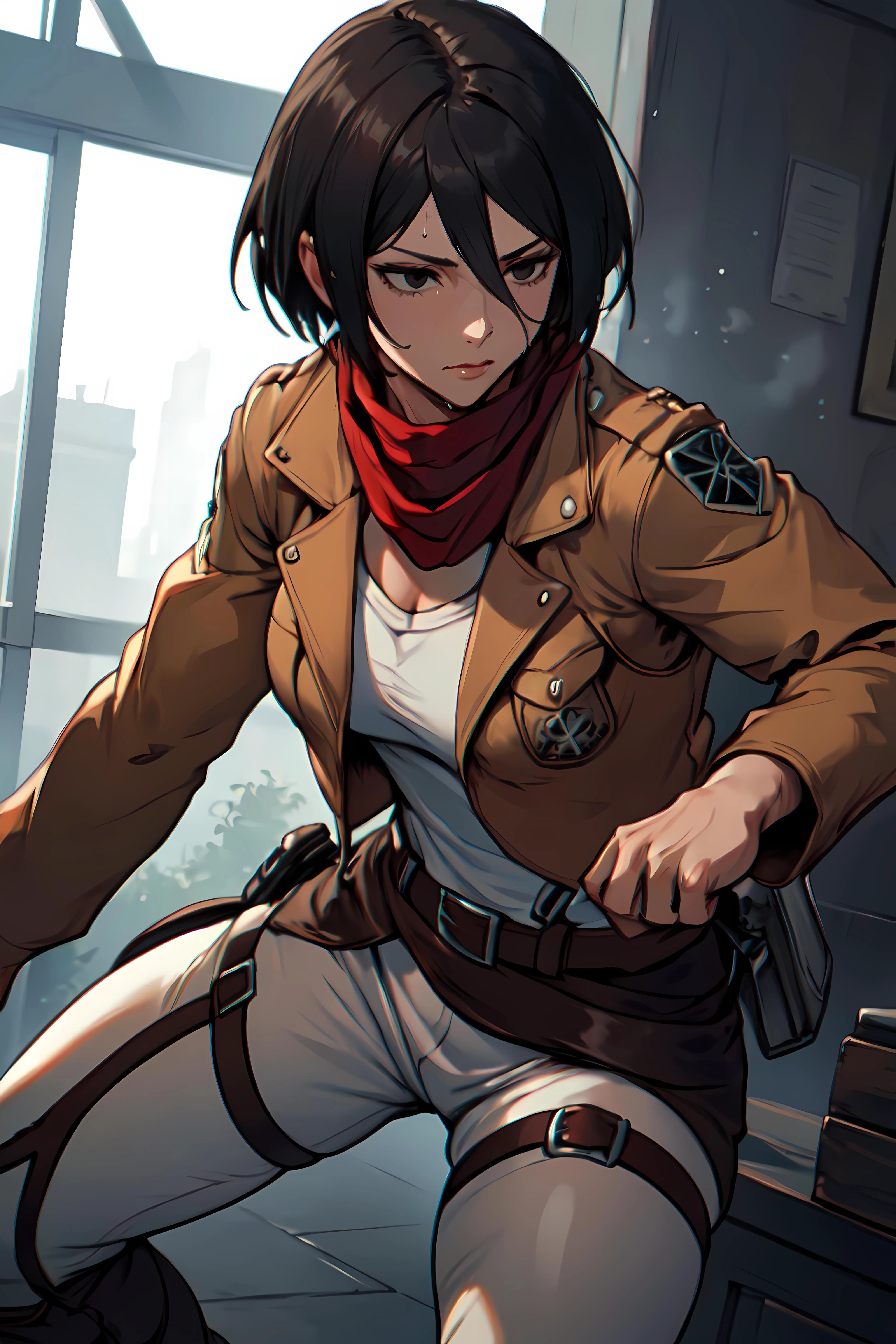 masterpiece,best quality, unreal engine, ultra res, extremely detailed,
1woman, HMMIKASA, SHORT HAIR, BLACK EYES,<lora:Character_mikasa_ackerman_v1:0.5><lora:Valmet:0.2>
big breasts, waist,(muscular:1.2),
sweat, deep breath, collarbone, sleeveless,
SCARF,
EMBLEM, BELT, THIGH STRAP, RED SCARF, WHITE PANTS, BROWN JACKET, LONG SLEEVES
fighting stance, dynamic pose
<lora:hews style by goofy ai:0.5>hews style <lora:cutesexyrobutts_v2:0.3>CSR STYLE