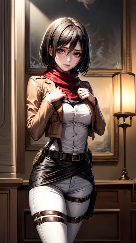 1girl, solo, detailed skin, ultra realistic, 8k cg, picture-perfect face, flawless, clean, masterpiece, professional artwork, famous artwork, cinematic lighting, cinematic bloom, ((beautiful eyes)), intricate iris, (perfect hands:1.3), (extremely detailed background), ((dynamic background)), beautiful detailed girl, beautiful detailed nose, light on face, looking at viewer,<lora:GoodHands-vanilla:1.5>, <lora:more_details:0.6>, <lora:mikasa_ackerman_v1:0.7> , hmmikasa, short hair, black eyes, scarf, emblem, belt, thigh strap, red scarf, white pants, (brown jacket, long sleeves), European houses,
