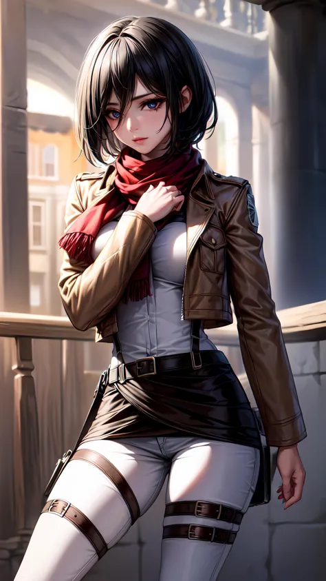1girl, solo, detailed skin, ultra realistic, 8k cg, picture-perfect face, flawless, clean, masterpiece, professional artwork, famous artwork, cinematic lighting, cinematic bloom, ((beautiful eyes)), intricate iris, (perfect hands:1.3), (extremely detailed background), ((dynamic background)), beautiful detailed girl, beautiful detailed nose, light on face, looking at viewer,<lora:GoodHands-vanilla:1.5>, <lora:more_details:0.6>, <lora:mikasa_ackerman_v1:0.65> , hmmikasa, short hair, black eyes, scarf, emblem, belt, thigh strap, red scarf, white pants, (brown jacket, long sleeves), European houses,