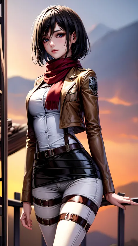 masterpiece, best quality, ultra-detailed, hmmikasa, short hair, black eyes, scarf, emblem, belt, thigh strap, red scarf, white pants, brown jacket, long sleeves, standing, outdoors, cowboy shot, volumetric lighting, intricate details, tonemapping, sharp focus, hyper detailed, sagging_breasts, saggy breasts, ARTSTYLE_EsadRibic_ownwaifu, <lora:ARTSTYLE_EsadRibic_ownwaifu-15:0.8>, <lora:mikasa_ackerman_v1:0.7>