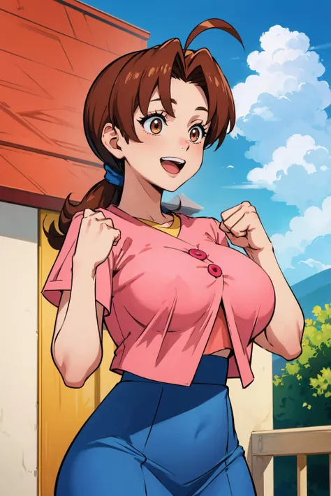 masterpiece, best quality, <lora:pkmndelia-nvwls-v1-000009:0.9> pkmnDelia, ponytail, pink shirt, blue skirt, smile, cowboy shot, large breasts, :D, hands up, fists, excited, blue sky, clouds, house