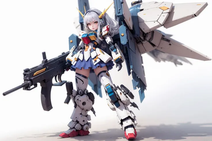 solo,weapon, Machine goggles, mechanical_big_wing, Large shoes, machine's crooked tails, gun,standing,1girl,silver_hair, Golden Body, mecha musume, symmetric,full armour,holding, white background,robot,mecha,msgirl girl,<lora:msgirlLora_v40H:0.8>, zion,