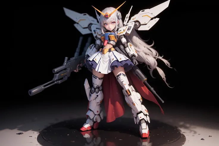 solo,weapon, long skirt, mechanical_big_wing, Large shoes, machine's crooked tails, gun,standing,1girl,silver_hair, Golden Body, mecha musume, full armour,holding, white background,robot,mecha,msgirl girl,<lora:msgirlLora_v40H:0.8>, red_glowing eyes,