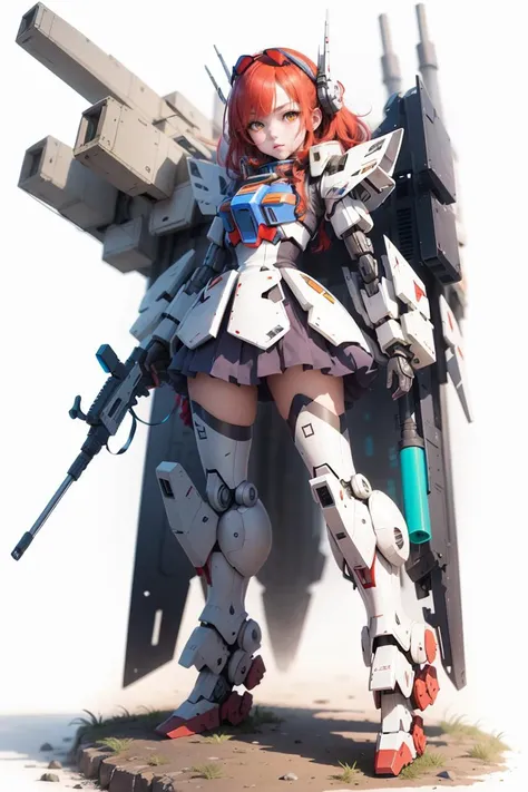 solo,weapon, mechanical_wing, gun,standing,1girl,red hair,mecha musume,Axisymmetric,full armour,holding, white background,robot,mecha,msgirl girl,<lora:msgirlLora_v40H:0.8>,