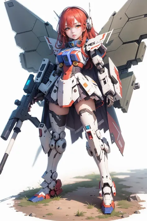 solo,weapon, mechanical_wing, gun,standing,1girl,red hair,mecha musume,Axisymmetric,full armour,holding, white background,robot,mecha,msgirl girl,<lora:msgirlLora_v40H:0.8>,