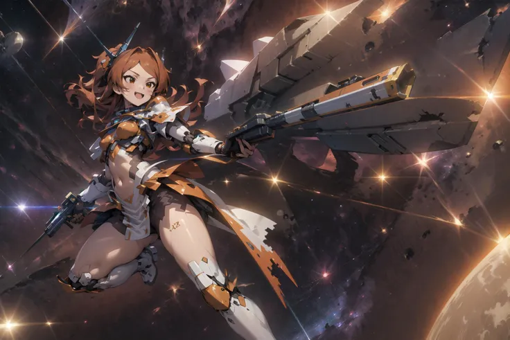 best quality, masterpiece, detailed, High Resolution,very aesthetic, absurdres,4k wallpaper,anime screencap,rating_questionable,science fiction,Futuristic,
wide shot,cinematic angle,dutch angle,sceanery,fullbody1girl floating in space,(solo:1.6),dynamic pose,stylish pese,enjoy,smile,cheerful,(fang:1.4),
(tamaki ogami \(million live\):1.2),,small breasts,(cubby:1.4),(thick thighs:1.2),cat like detailed brown eyes,fit body,loincloth,navel,side bob,floating hair,fang,cute,kawaii, <lora:Tamaki_Ogami:0.75> ,
[mecha:1girl:0.5],(mechagirl:1.4),mecha musume,(wearing orange colored heavy armor:1.4),(orange colored power armor:1.2),mechanical arms,(mechanical legs:1.2) ,(mechanical horn,:1.2)<lora:mechagirl_v1a:0.7>,
holding,holding submachine gun with both hands,<lora:BetterGuns-V1:0.8>, 
BREAK
(space:1.6),shooting stars,space station,
official illust,package art,concenpt art,(lens flare:1.2),
<lora:aesthetic_anime_v1s:0.6> ,<lora:perfect hands:0.7> ,<lora:add_detail:0.3>,