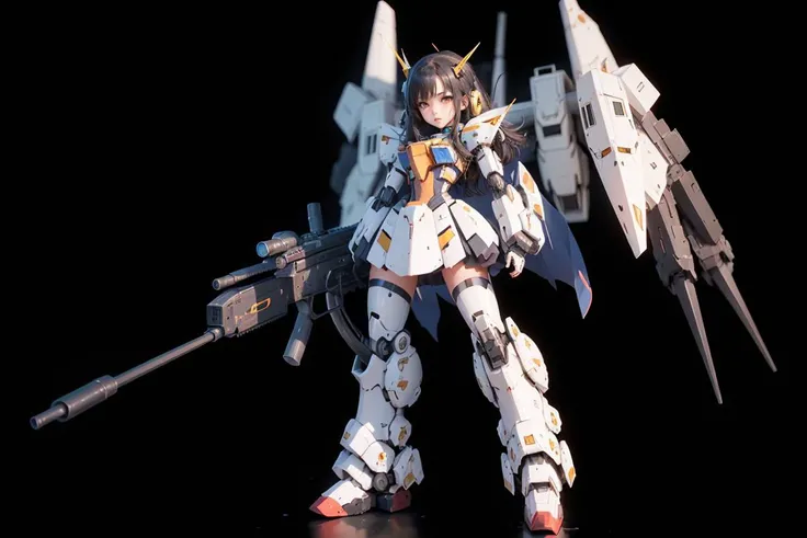 solo,weapon, mechanical_big_wing, big_foot, Machine Tails, gun,standing,1girl,black hair, gold body, mecha musume,Axisymmetric,full armour,holding, white background,robot,mecha,msgirl girl,<lora:msgirlLora_v40H:0.8>,