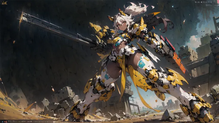 masterpiece, best quality, very aesthetic, absurdres,
scenery,dutch angle,sunrise stance,1girl honding weapon, <lora:SunriseStance:0.6>,standing in desert ,holding gutling gun,<lora:gatling_gun_lora01:0.8>
<lora:mechagirl_v1a:0.7>,mechagirl, mecha musume,(cute,kawaii:1.4),(yellow colored heavy armor:1.5),loincloth,(dark skin:1.6),messy brunette hair,folded ponytail,detailed face,
brown colored catlike eyes,tiger ears,small breasts,hourglass body, thin waist,thick thighs, fit body,(solo),
in deaert,night sky,
(HDR, best quality, masterpiece, detailed, High Resolution), 4k wallpaper,package art,(concept art:0.8),fine detailed illustration,
<lora:Niji:0.5>, <lora:aesthetic_anime_v1s:0.6>, <lora:perfect hands:0.8>, <lora:add_detail:0.3>,