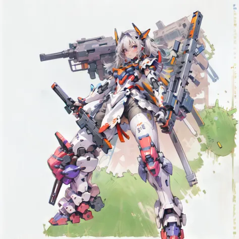 solo,standing,1 girl,robot,mecha,science fiction,weapon,gun,white background,holding,holding weapon,mechagirl girl, <lora:mechagirl_v1a:1>, <lora:flat2:-1> <lora:shiroMasamuneStyle_v10:0.65>, Shiro Masamune,
