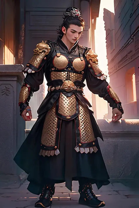 8k, RAW photo, best quality, (masterpiece:1.2), (realistic:1.3), (photorealistic:1.3), ultra-detailed, (high detailed skin:1.2), soft lighting, film grain, Fujifilm XT3, handsome,mscle,fullbody,1boy,armor,(((symmetry
))),<lora:SWJ:0.75>,single hair bun,,Hair crown