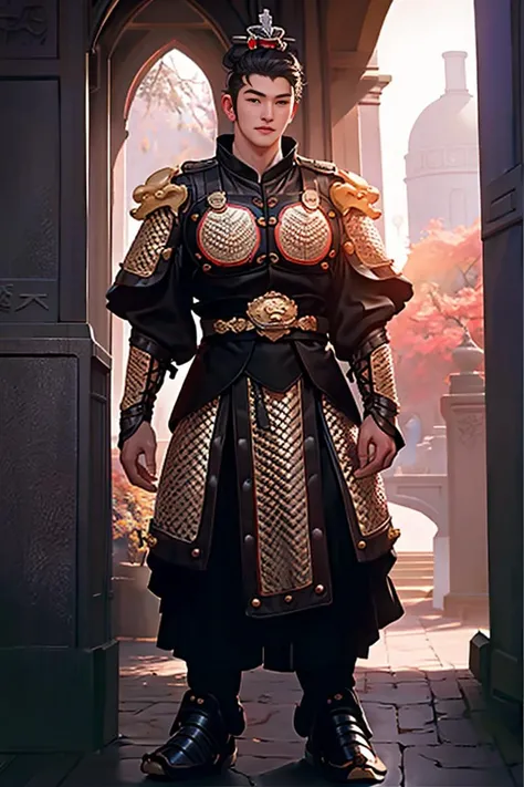 8k, RAW photo, best quality, (masterpiece:1.2), (realistic:1.3), (photorealistic:1.3), ultra-detailed, (high detailed skin:1.2), soft lighting, film grain, Fujifilm XT3, handsome,bun,fullbody,1boy,armor,(((symmetry
))),<lora:SWJ:0.75>,single hair bun,,Hair crown