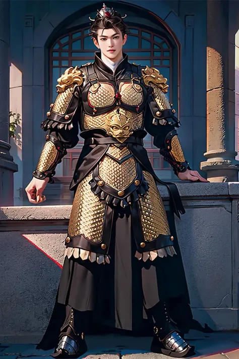 8k, RAW photo, best quality, (masterpiece:1.2), (realistic:1.3), (photorealistic:1.3), ultra-detailed, (high detailed skin:1.2), soft lighting, film grain, Fujifilm XT3, handsome,bun,fullbody,1boy,armor,(((symmetry
))),<lora:SWJ:0.75>,single hair bun,,Hair crown