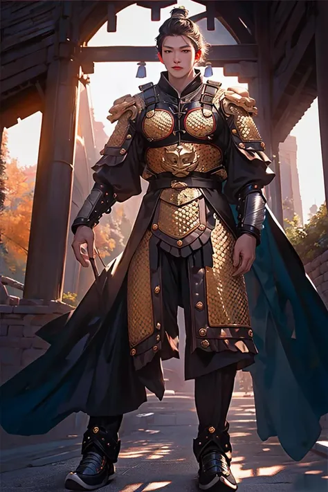 8k, RAW photo, best quality, (masterpiece:1.2), (realistic:1.3), (photorealistic:1.3), ultra-detailed, (high detailed skin:1.2), soft lighting, film grain, Fujifilm XT3, handsome,bun,fullbody,1boy,armor,(((symmetry
))),<lora:SWJ:0.75>,single hair bun, Hairpin