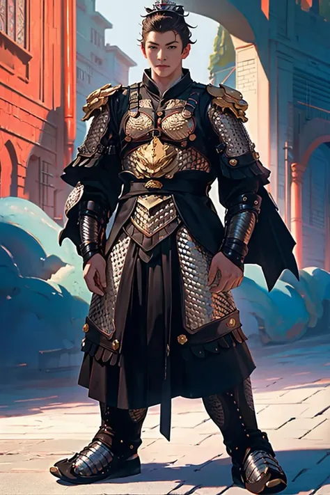 8k, RAW photo, best quality, (masterpiece:1.2), (realistic:1.3), (photorealistic:1.3), ultra-detailed, (high detailed skin:1.2), soft lighting, film grain, Fujifilm XT3, handsome,mscle,fullbody,1boy,armor,(((symmetry
))),<lora:SWJ:0.75>,single hair bun,,Hair crown