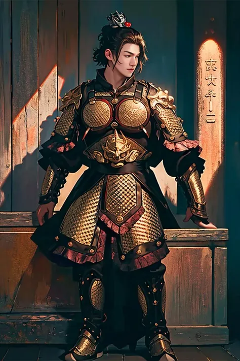 8k, RAW photo, best quality, (masterpiece:1.2), (realistic:1.3), (photorealistic:1.3), ultra-detailed, (high detailed skin:1.2), soft lighting, film grain, Fujifilm XT3, handsome,mscle,fullbody,1boy,armor,(((symmetry
))),<lora:SWJ:0.75>,single hair bun,,Hair crown