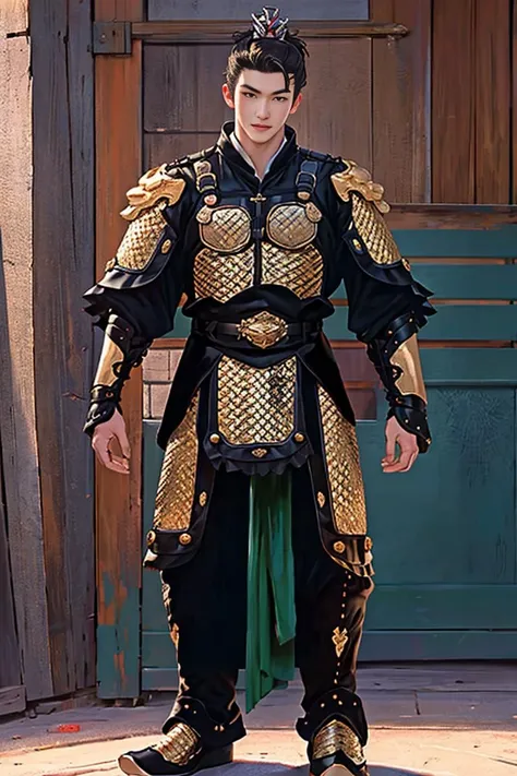 8k, RAW photo, best quality, (masterpiece:1.2), (realistic:1.3), (photorealistic:1.3), ultra-detailed, (high detailed skin:1.2),  soft lighting, film grain, Fujifilm XT3,  handsome,mscle,fullbody,1boy,armor,(((symmetry
))),<lora:SWJ:0.75>,single hair bun,,Hair crown